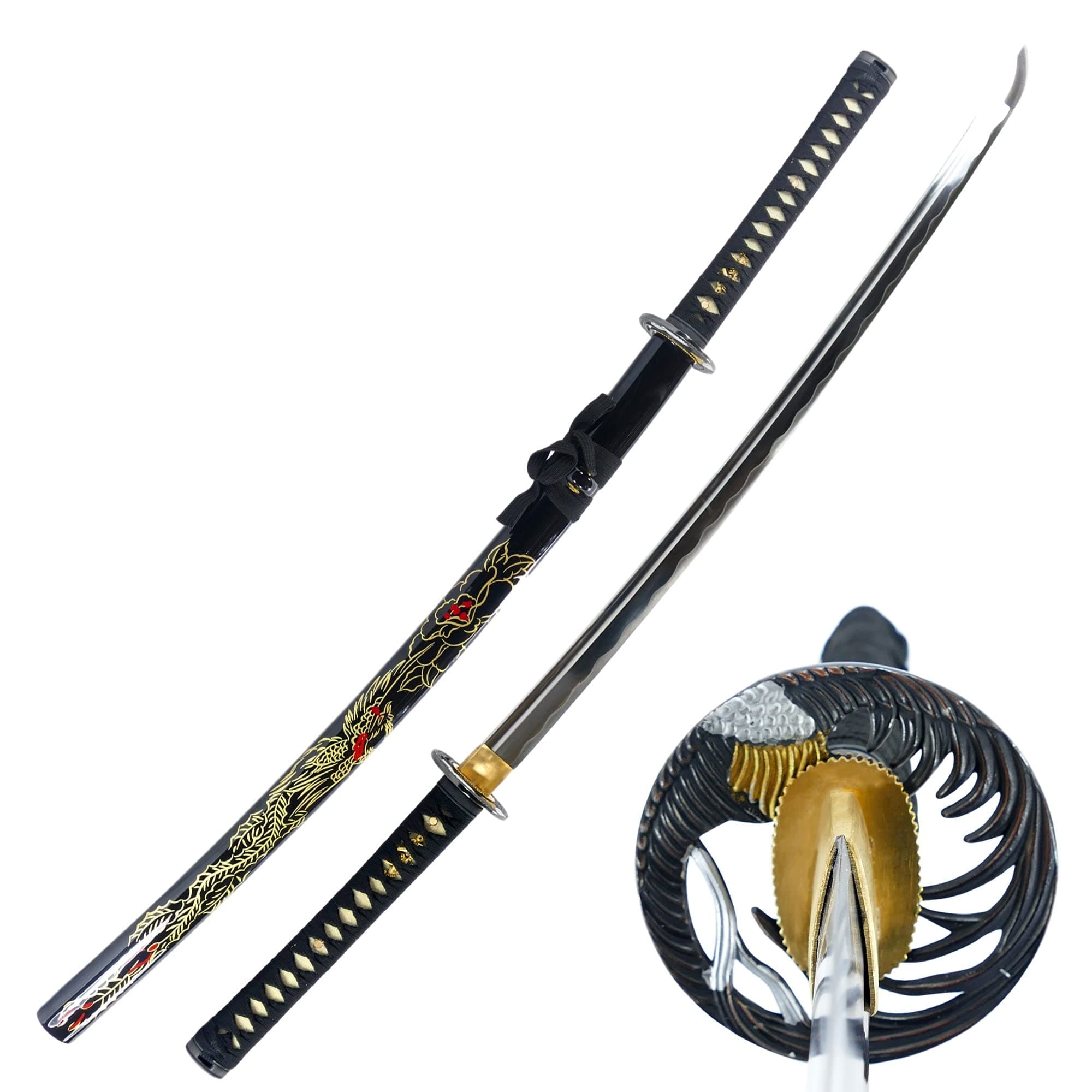 Makoto Hand Forged Razor Sharp 41" Black Samurai Katana Sword - Hand Painted High Gloss Black Scabbard (Phoenix)