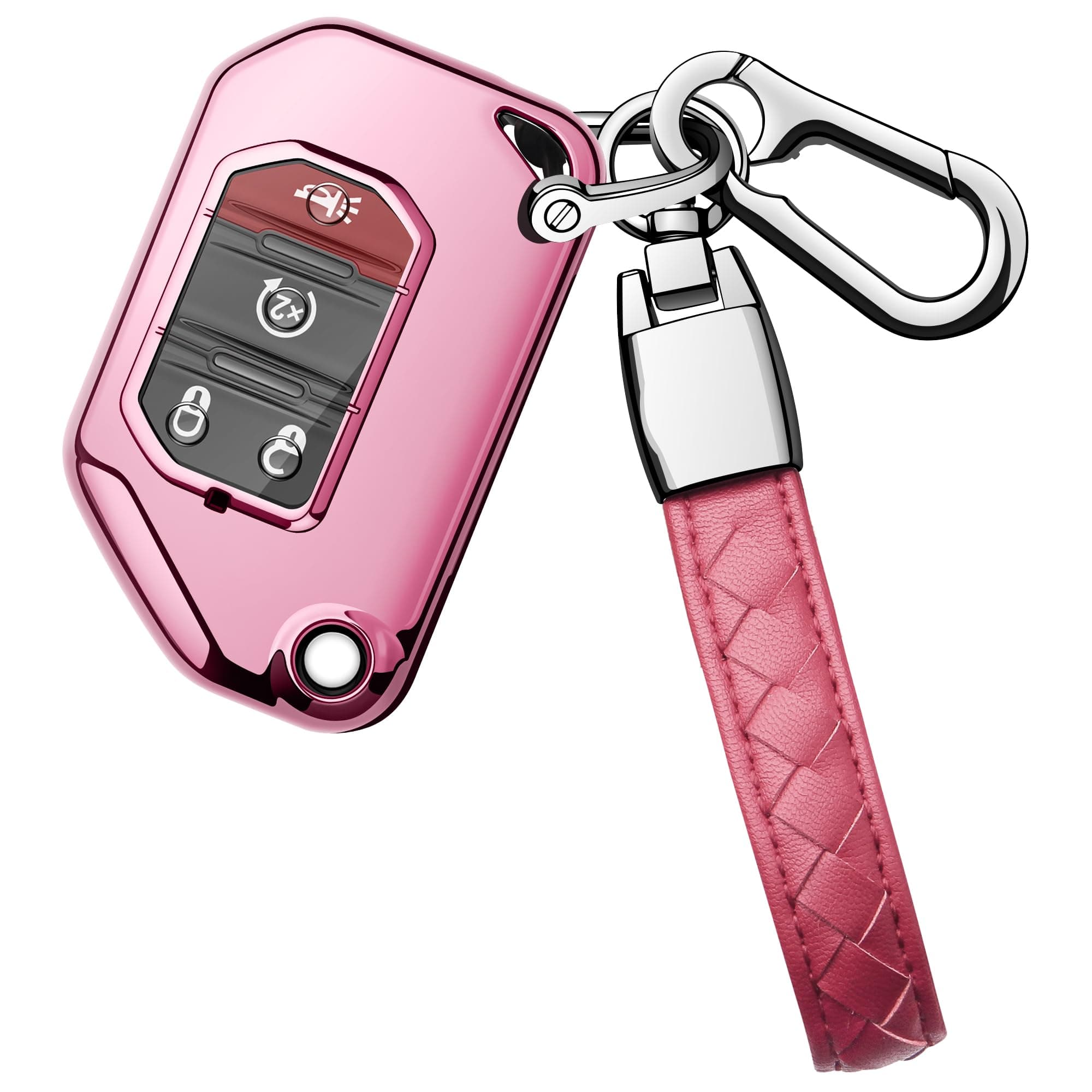 for Jeep Key fob Cover,Soft Protector Case Key Shell with Leather Keychain,Fit for Gladiator JT Sahara JLU Wrangler JL Rubicon Remote Key,Key Case Pink