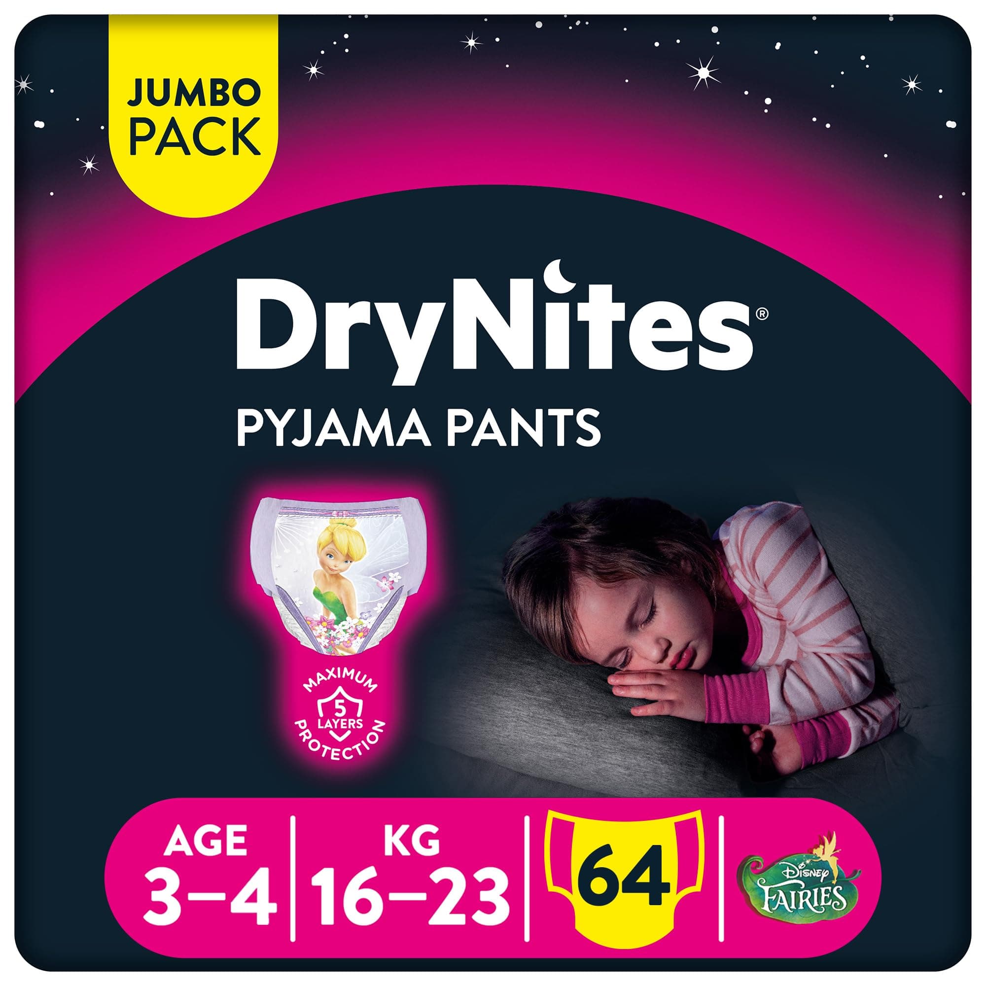 Huggies DryNites Pyjama Pants, 3-4 years, Bed Wetting Diaper, Girl, 12-21 kg, 4 x Jumbo Packs, 64 Pants