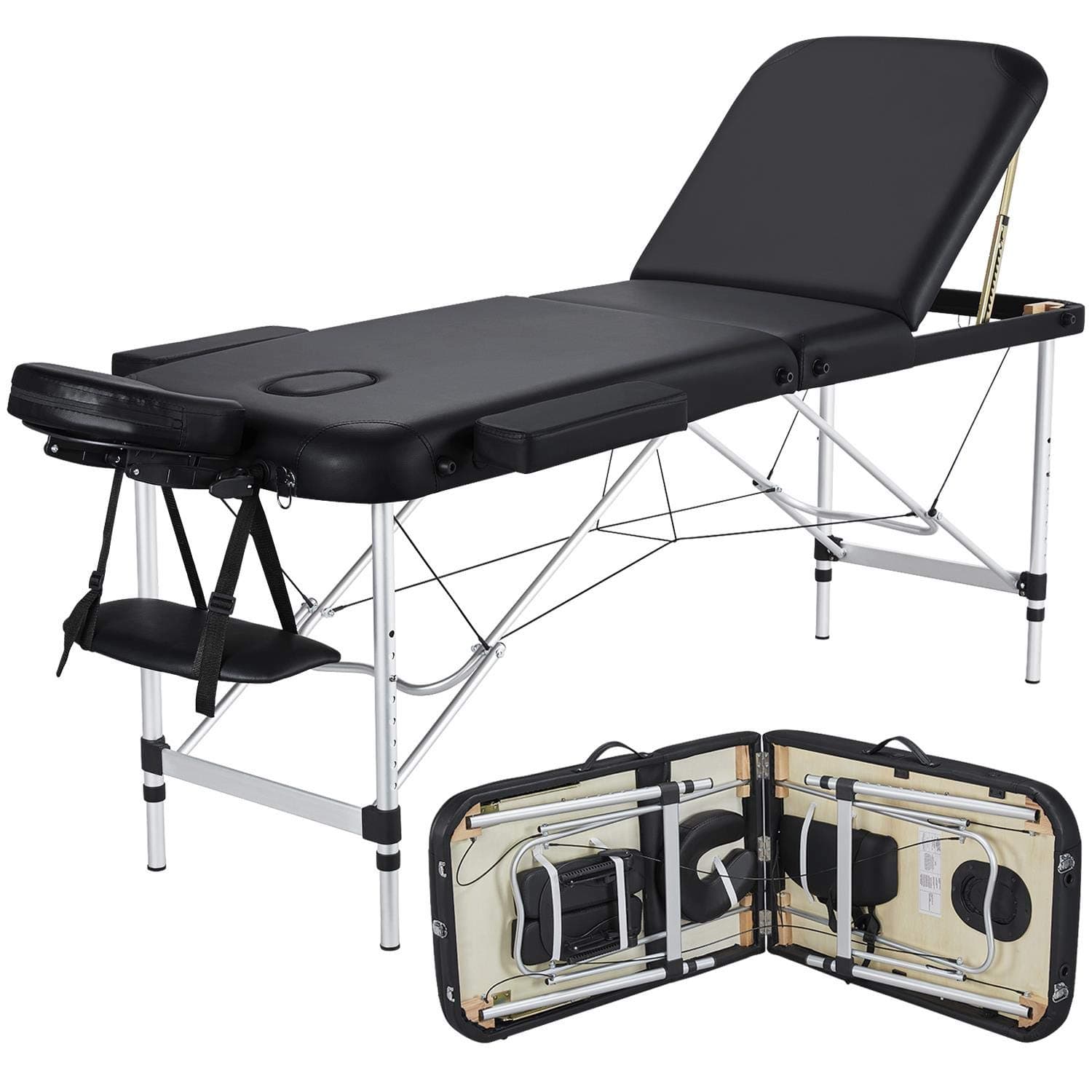 Yaheetech Aci Massage Table Portable Massage Bed 3 Folding 84 Inch Aluminium Frame Lightweight Height Adjustable Salon Spa Table With Carry Case - Black