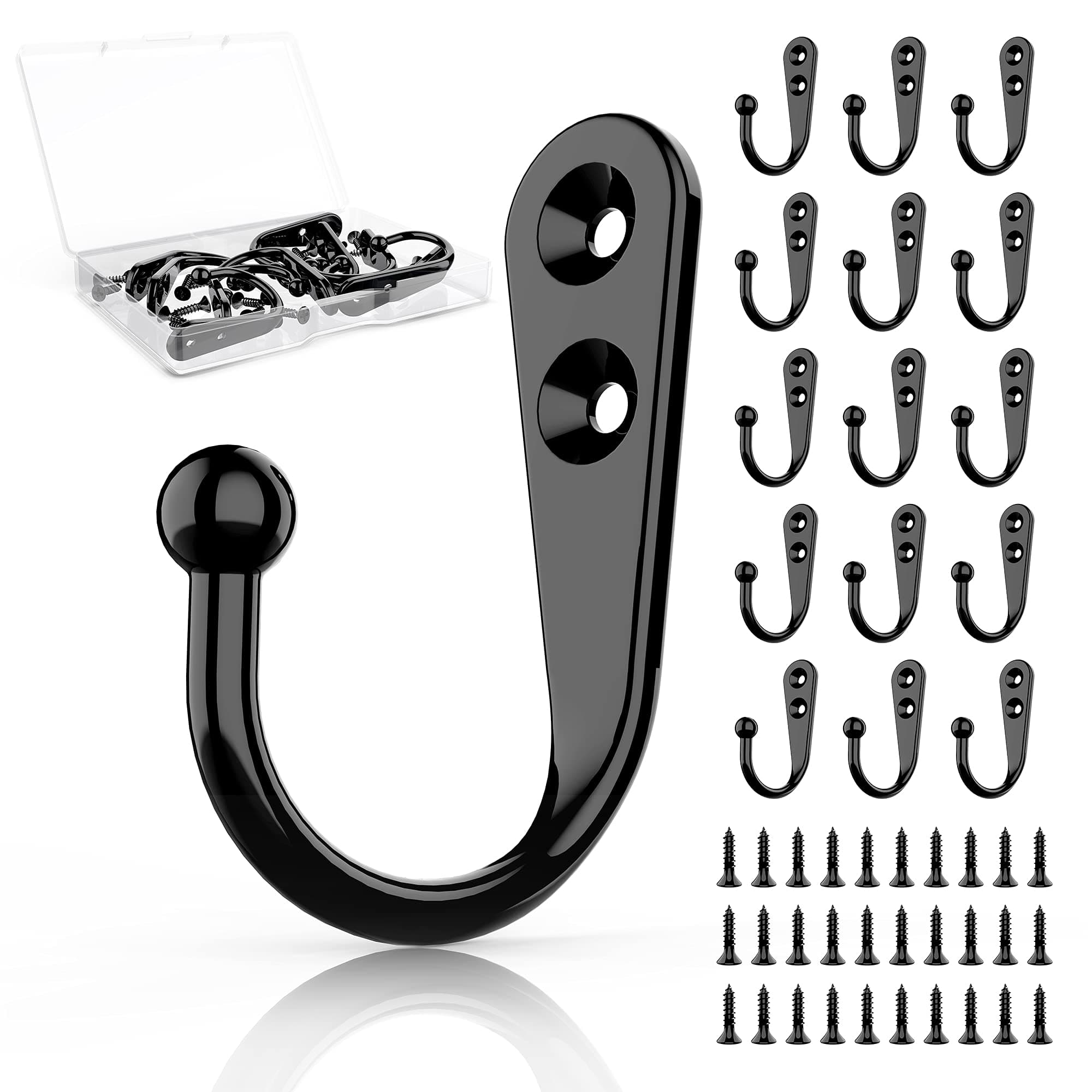 15Pcs Black Wall Mounted Coat Hooks, Hanger Hook with 30 Pieces Screws for Hanging Hat, Towel, Key, Robe, Coats, Scarf, Bag, Cap, Coffee Cup, Mugs