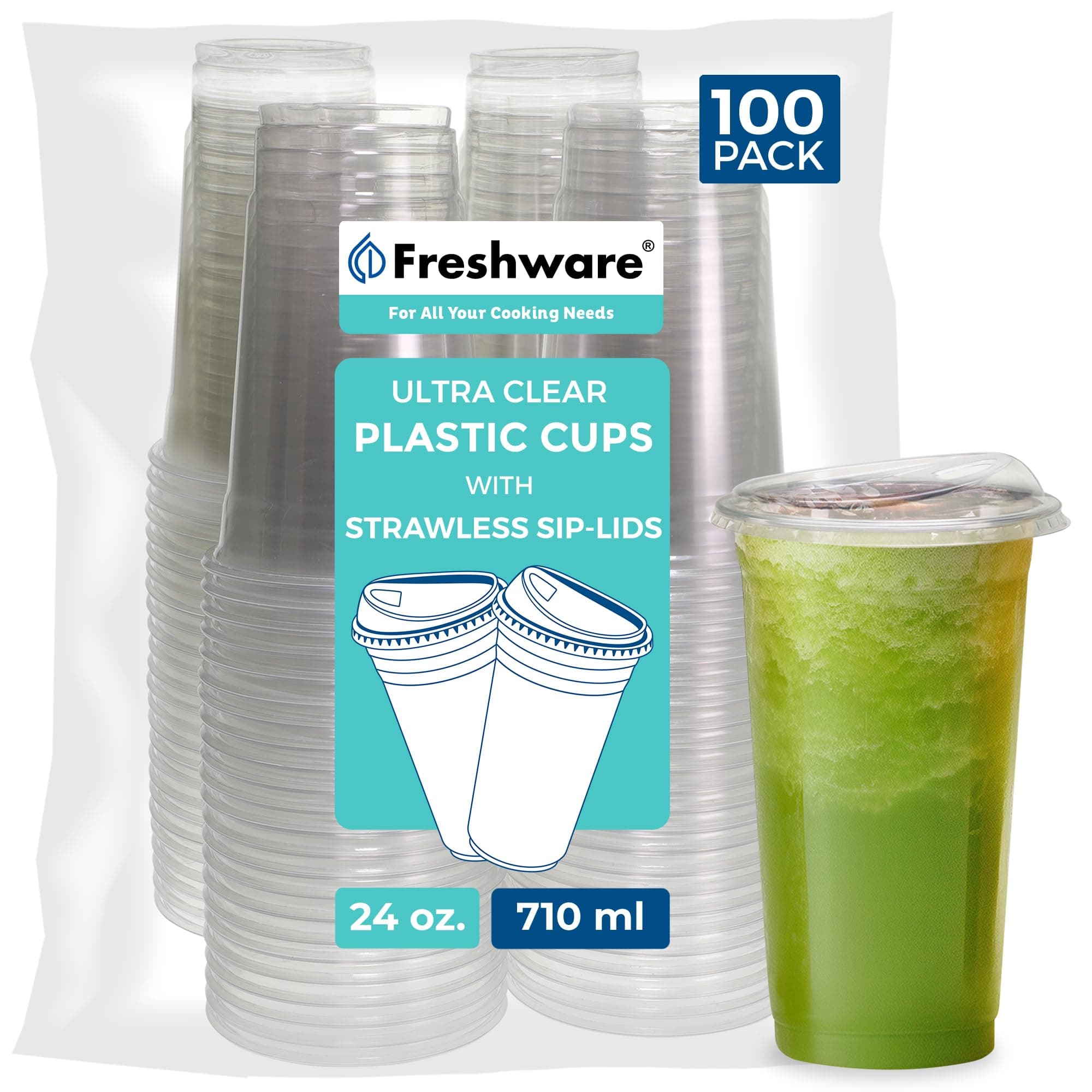 Freshware 24 oz Clear Disposable Plastic Cups with Strawless Sip Lids, 100 Pack Clear Plastic Tumblers, Heavy-duty Party Glasses, Disposable Cups for Thanksgiving, Halloween, Christmas Party