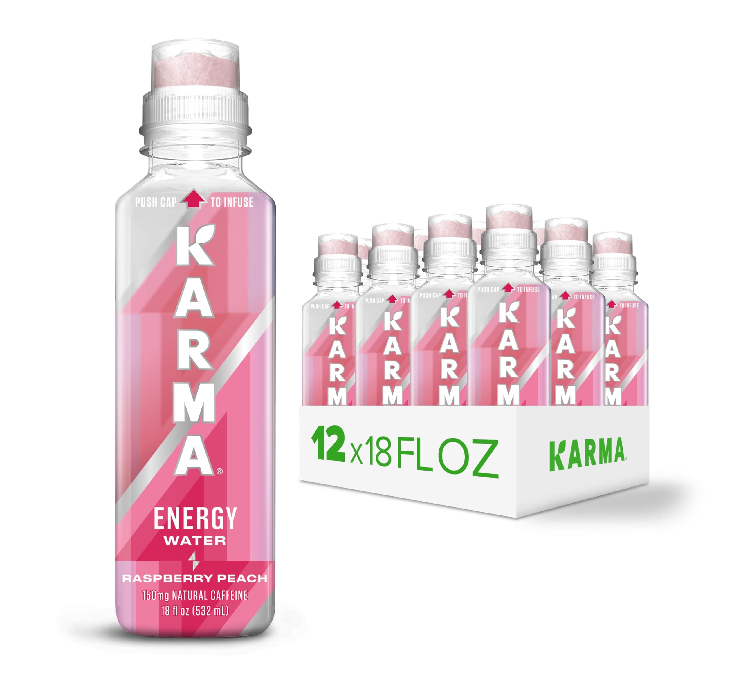 Karma Energy Drink – 12 Pack, Raspberry Peach Caffeinated Water with Cognizin Nootropics, Vitamins & Immune Support, Low Calorie