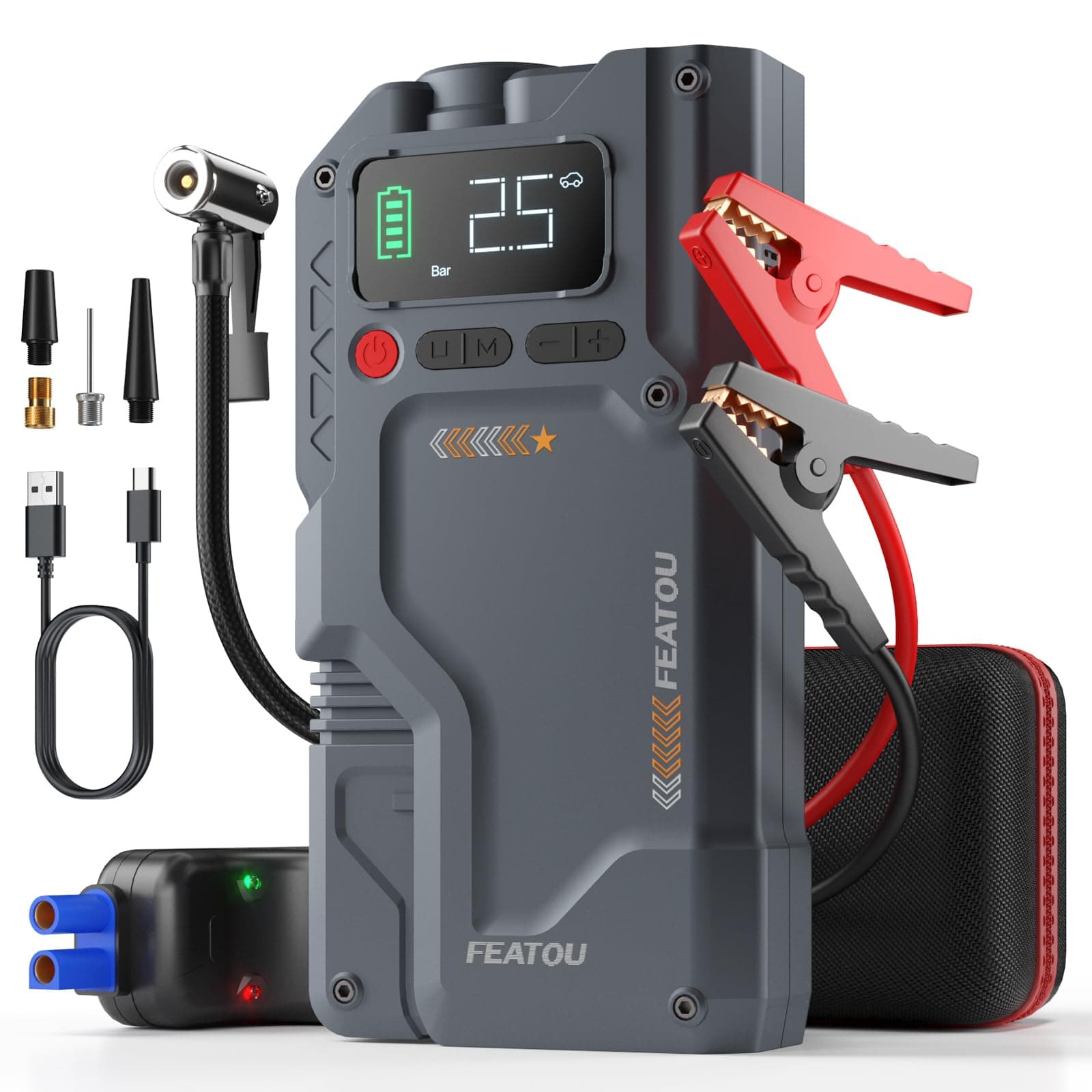 Jump Starter with Air Compressor, 5 in 1 Functional Jump Box 5500A Peak Power Pack with 150PSI Digital Tire Inflator, Portable Car Charger Jumper for 9.0L Gas or 7.5L Diesel