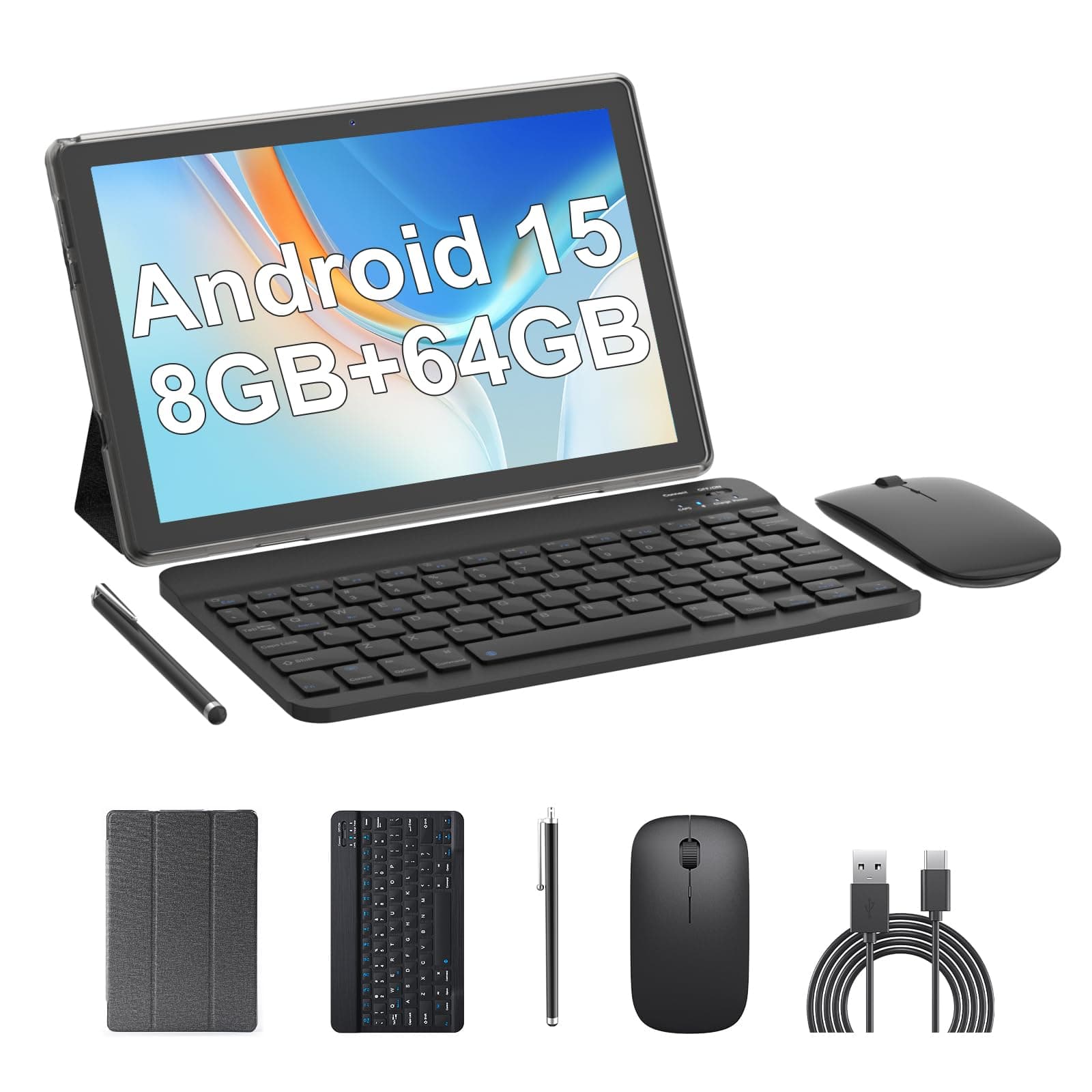 2 in 1 Tablet 10 Inch Android 15 Tablets with Keyboard 64GB ROM 8GB RAM Support 1TB expansion 10.1" Tablet include Mouse Case Stylus Tab 8MP+2MP Cameras 6000mAh Battery Bluetooth Wifi6 Android Tableta