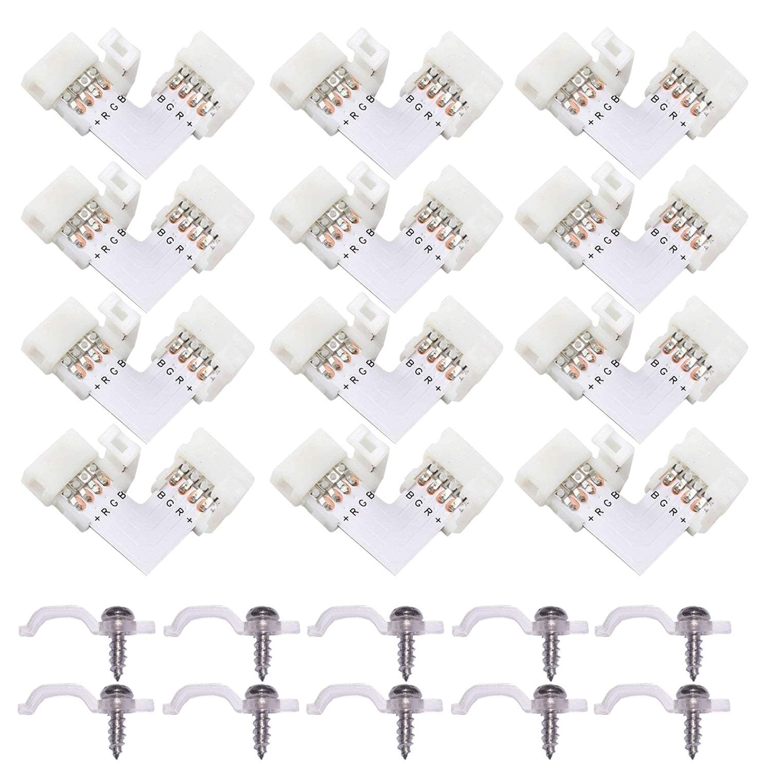 12-Pack,L Shape 4 Pins LED Strip Light Connector,Right Angle,Solderless Connector,12 Volt,Suitable for 10mm Wide Flexible 3528/5050 SMD RGB LED Strip Lights,Safe Fireproof Material
