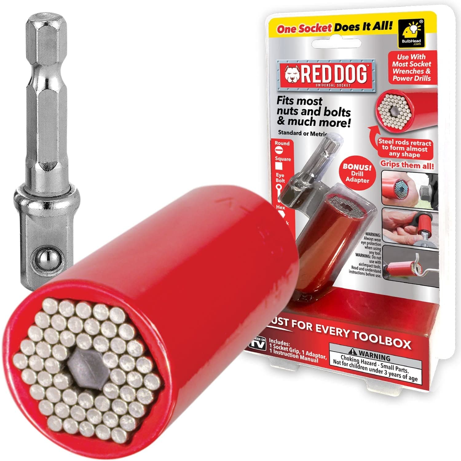 Red Dog Socket w/Drill Adapter, Fits Most Nuts & Bolts, Use with Socket Wrenches & Power Drills, Steel Rods Form Any Shape, Standard or Metric, 2 In.