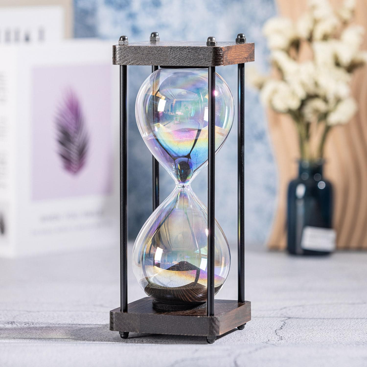Rainbow Hourglass Timer 60 Minute, Wooden Frame Decorative Sand Timer (Black Sand, Large Size)