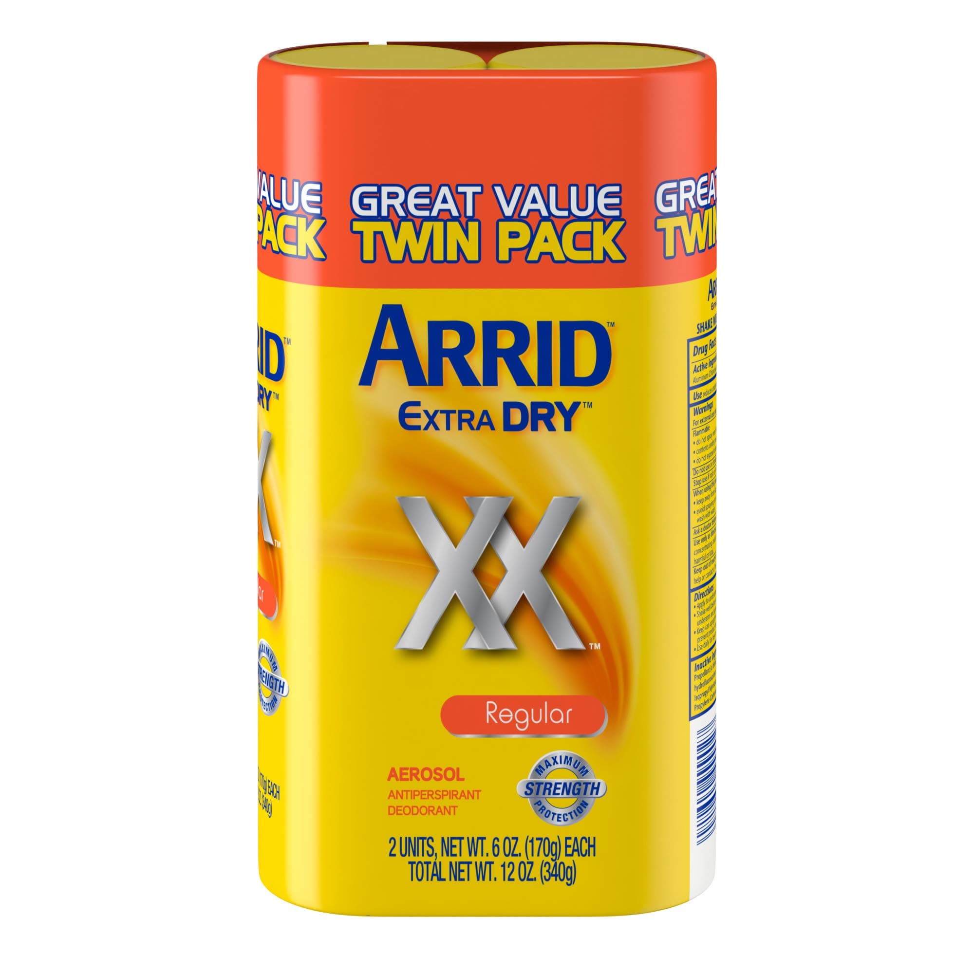 Arrid Extra Dry Aerosol Deodorant, Regular, 6 Oz, Twin Pack