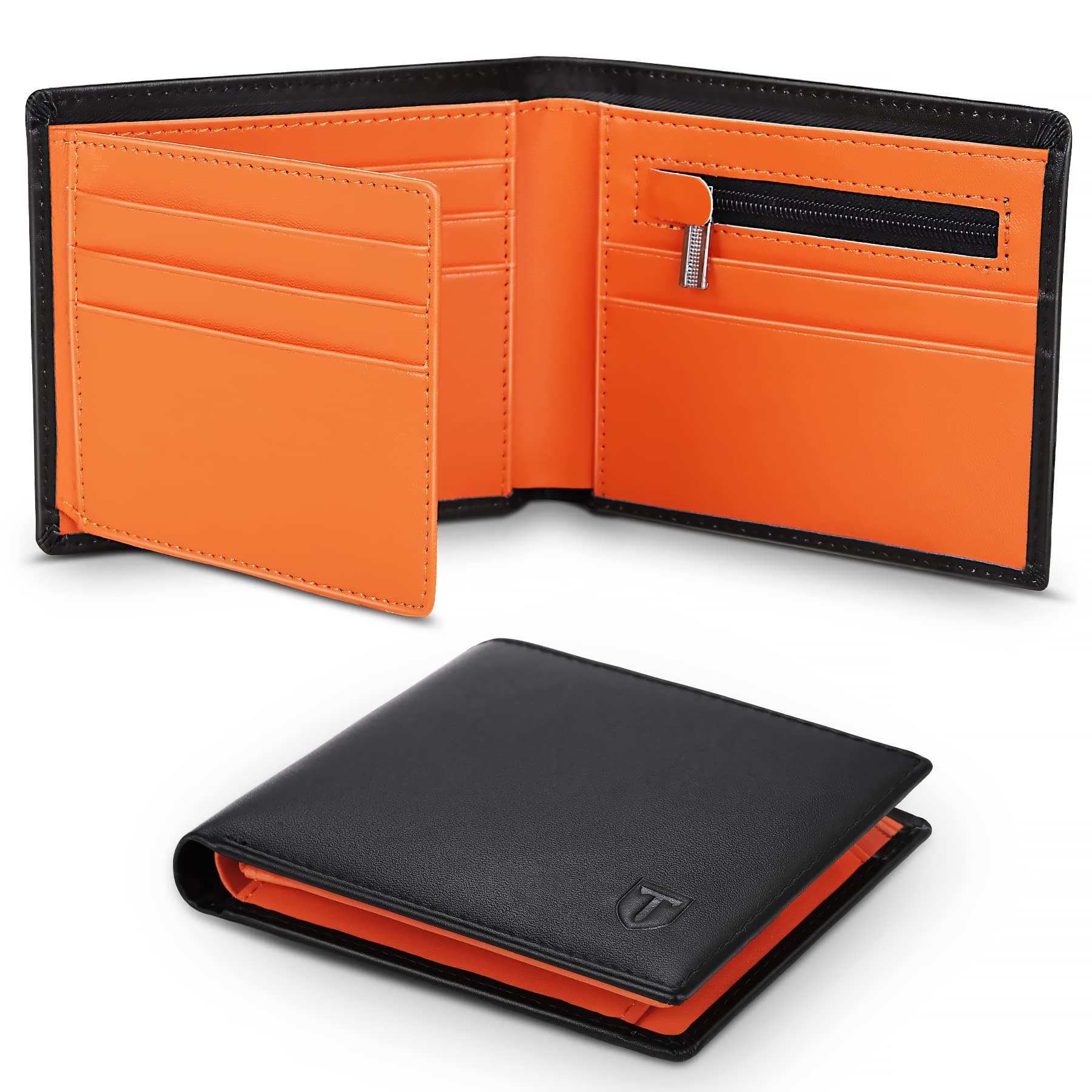 Wallets Slim Genuine Leather RFID Blocking Wallet with 11 Card Holder, 2 banknote compartments, Coin Pocket, Minimalist Wallets for Men UK with Gift Box - Black and Orange