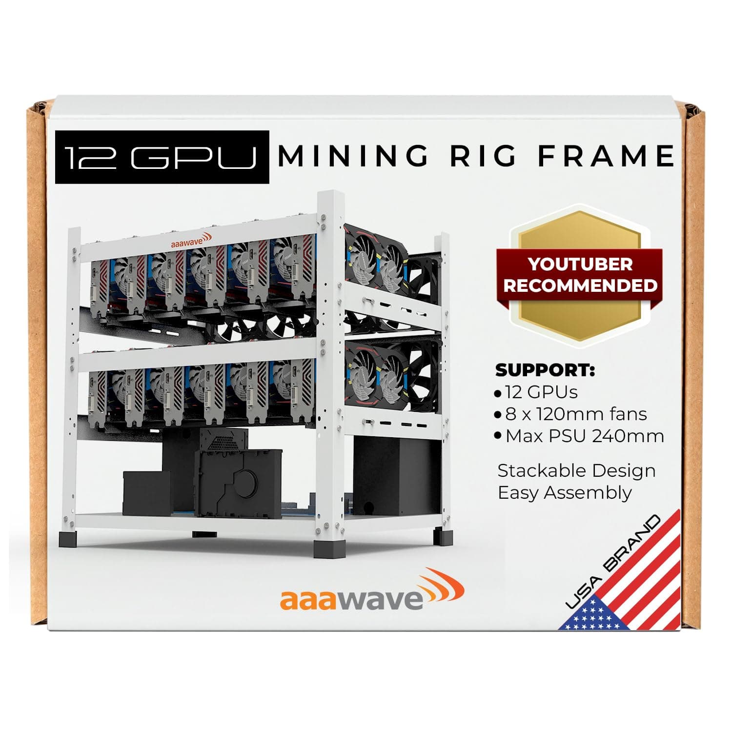 12GPU Mining Rig - The Sluice V2 Steel Open Frame Case, Stackable Chassis for Crypto Coin Currency & AI Machine Learning Applications - White