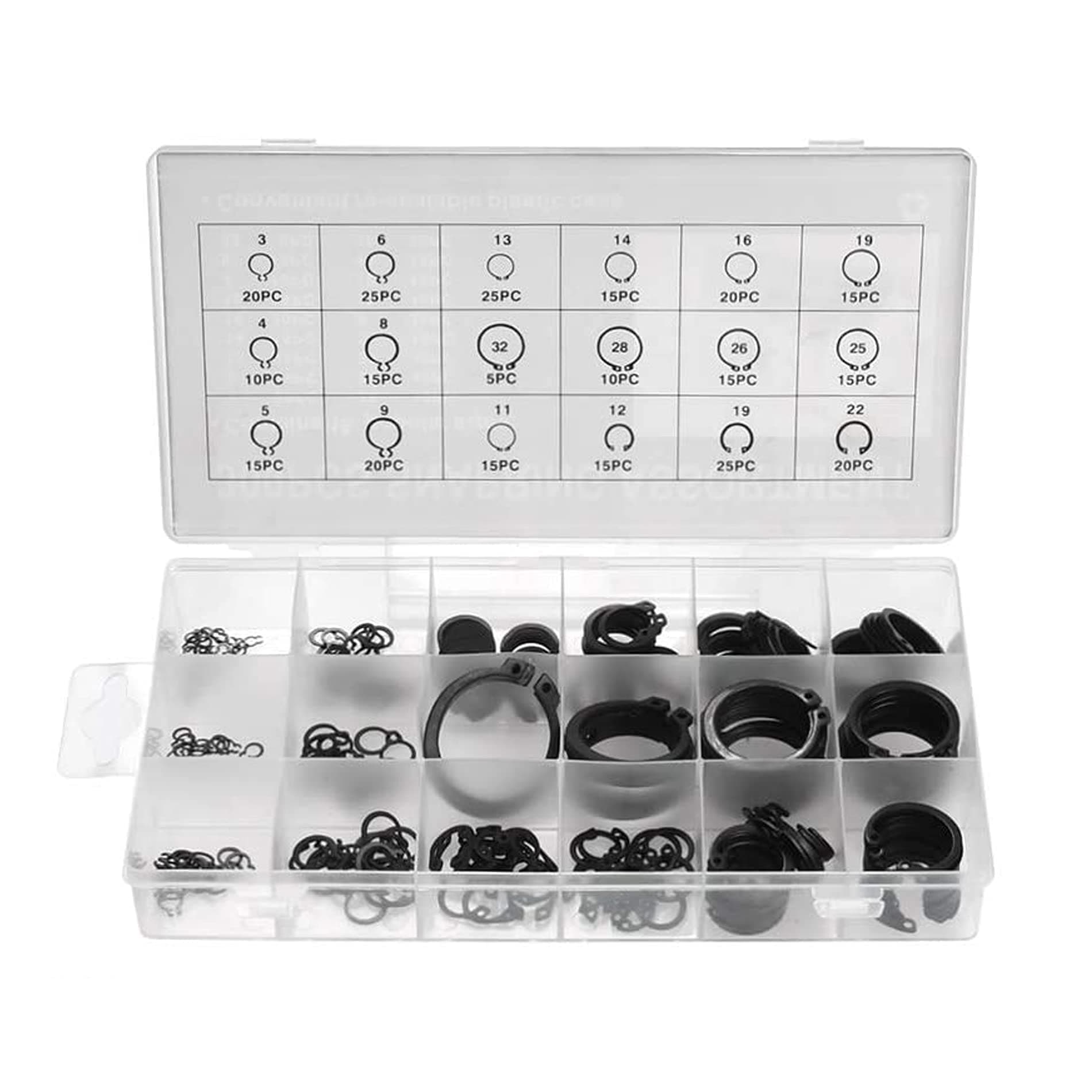 300 Pieces Snap Ring Assortment Kit, 18 Sizes(3-32mm) Heat-Treated Hardened Steel External Circlip Snap Retaining Clip Ring Assortment Set