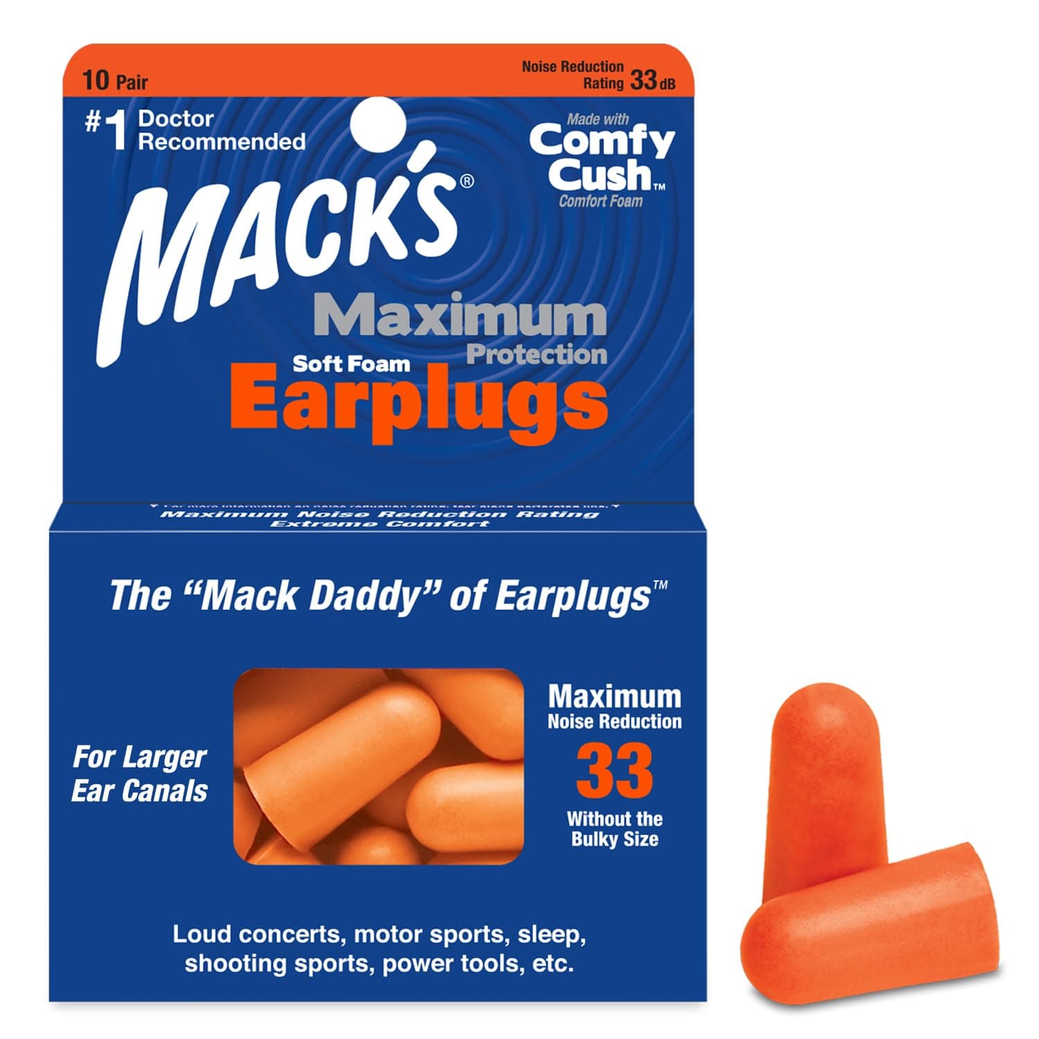 Mack's Maximum Protection Soft Foam Earplugs – 10 Pair, 33 dB Highest NRR – Comfortable Ear Plugs for Sleeping, Snoring, Loud Concerts, Motorcycles and Power Tools | Made in USA