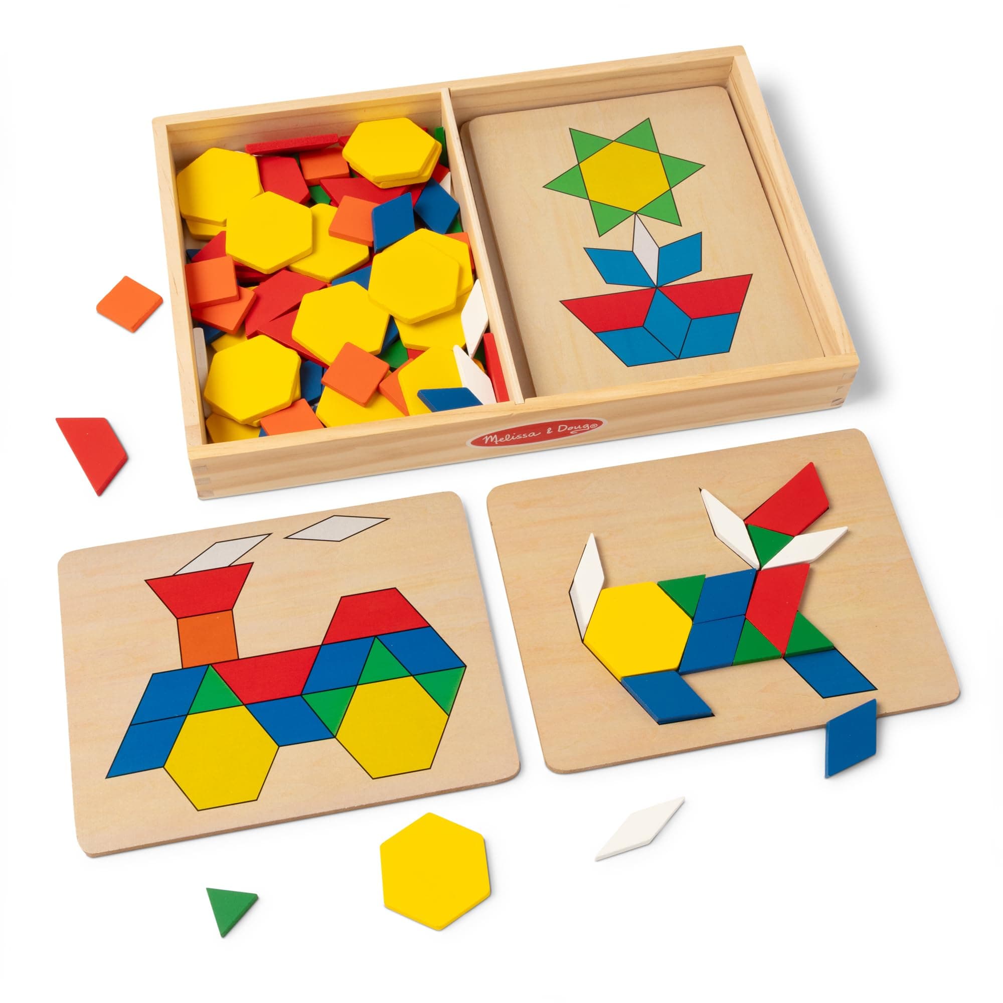 Pattern Blocks and Boards with 120 Multi-Colored Wooden Shape Tiles, 5 Double-Sided Puzzle Boards, Tangram Puzzles, Montessori Toys for Girls & Boys