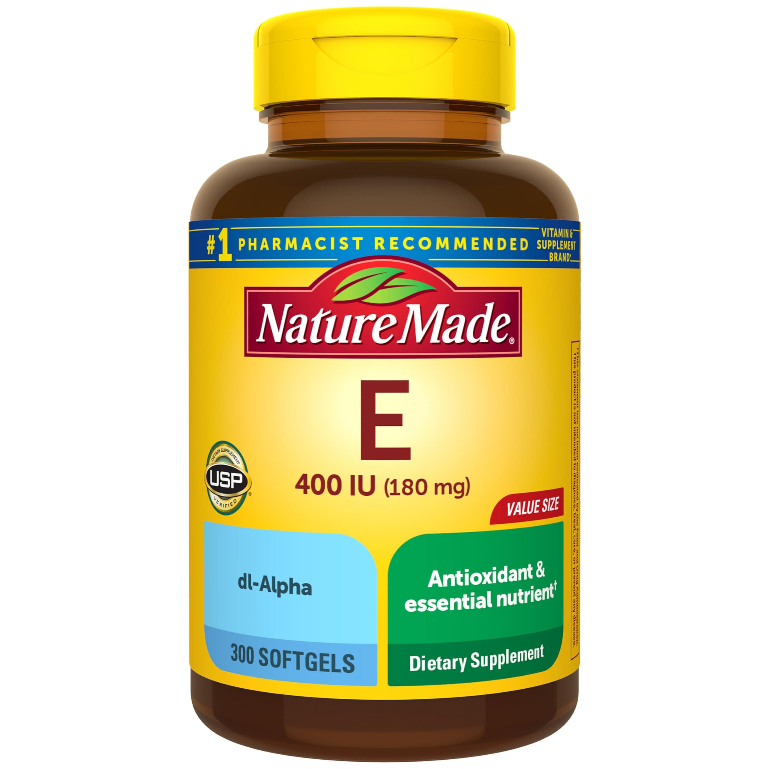 Nature Made Vitamin E 180 mg (400 IU) dl-Alpha, Dietary Supplement for Antioxidant and Skin Support, 300 Softgels, 300 Day Supply