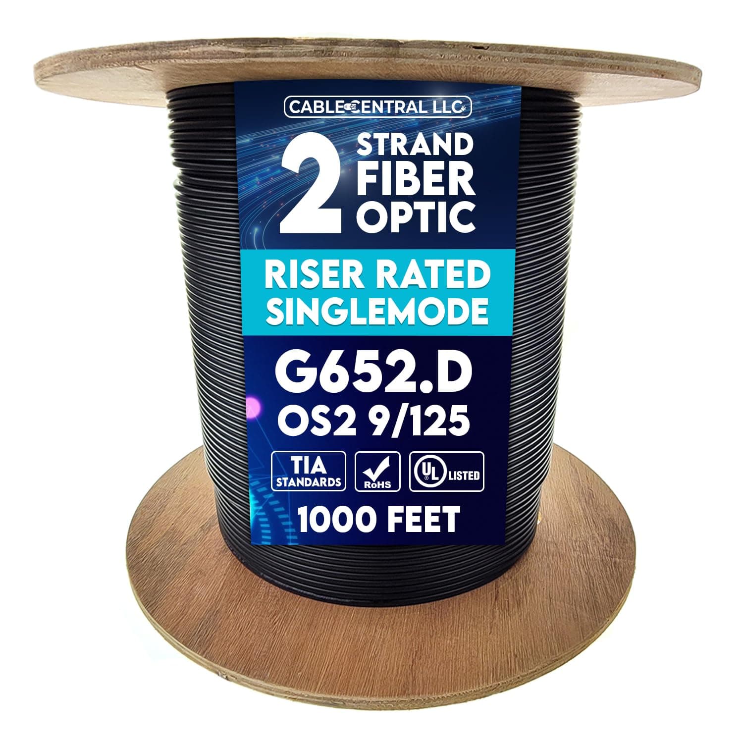 2-Strand Singlemode Fiber Optic Distribution Cable, OS2 9/125, G.652.D, Black, Riser Rated, 1000 Feet Spool, Indoor/Outdoor