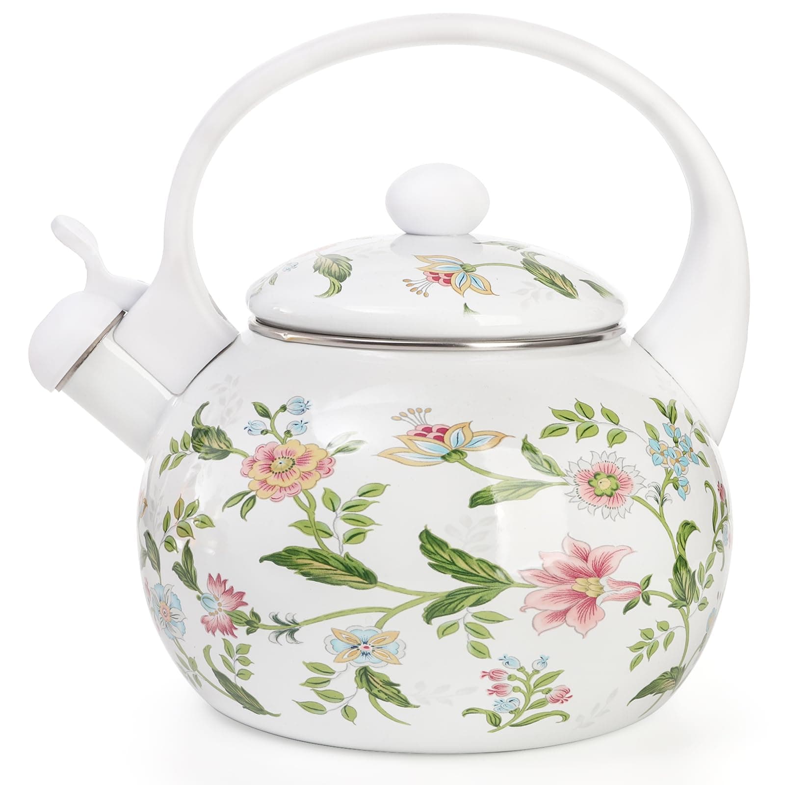 Jucoan 2.3 Quart Vintage Enamel Tea Kettle, Whistling Tea Kettle for Stove Top, Floral Enamel on Steel Teakettle Teapot for Home Kitchen Camping, Gift for Wedding Housewarming Thanksgiving Christmas