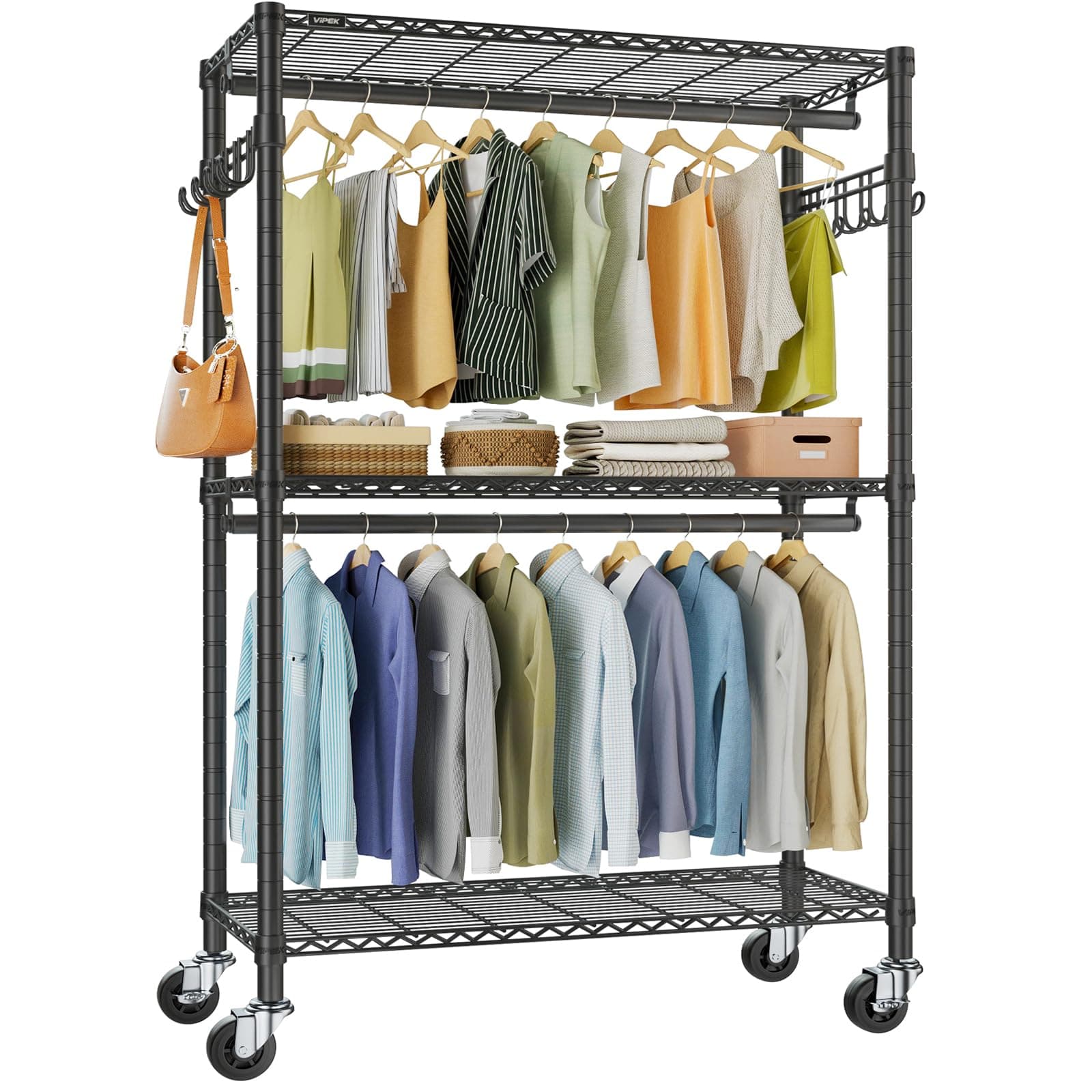 R2 Plus Heavy Duty Rolling Garment Rack 3 Tiers Adjustable Wire Shelving Clothes Rack with Double Rods and Side Hooks, Freestanding Wardrobe Storage Rack Metal Clothing Rack, Black