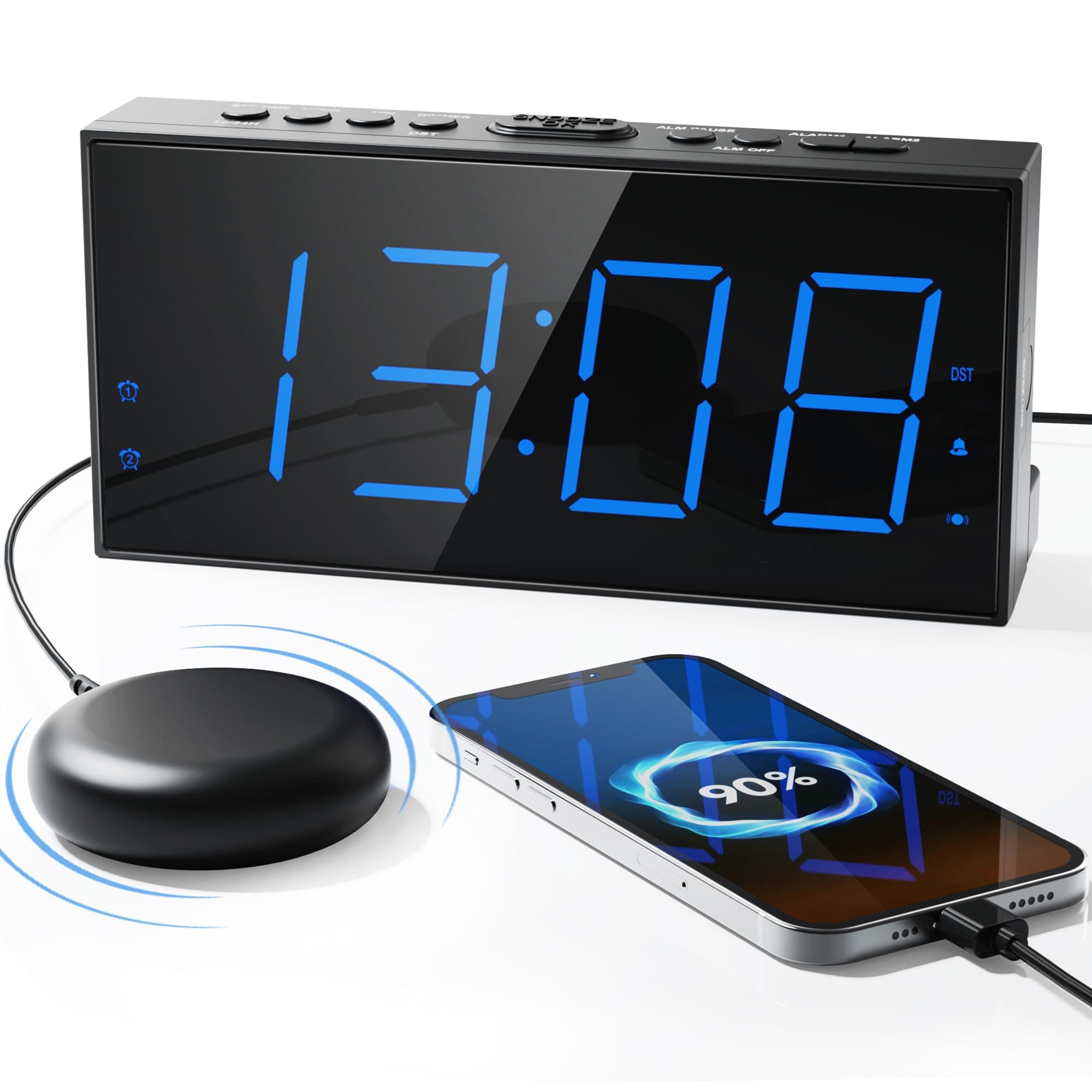 Roxicosly Loud Alarm Clock with Bed Shaker, Vibrating Alarm Clock for Heavy Sleepers/Hard of Hearing/Deaf,Dual Alarms, 7.5’’ Large LED Display, Dimmer, USB Charging Port, Plug-in with Memory Function
