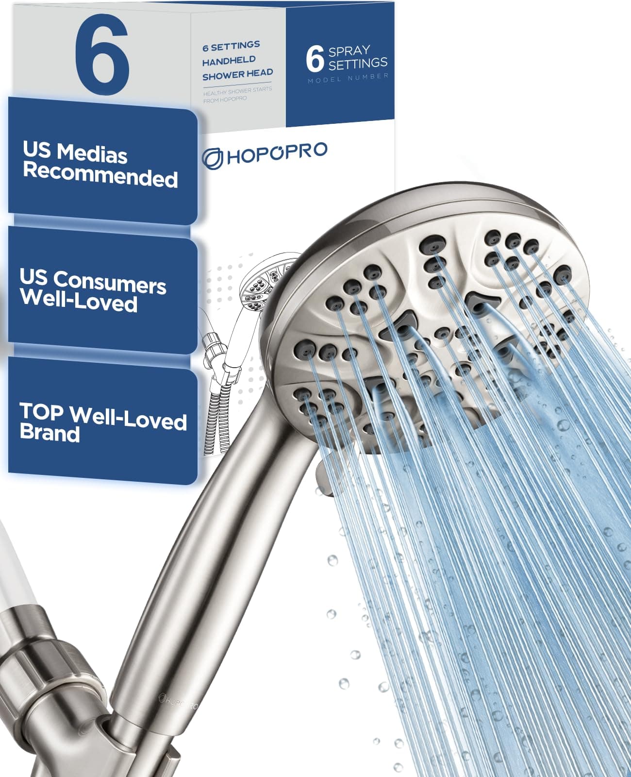 6-Mode High Pressure Handheld Shower Head Set, Consumer Reports Recommended High Flow Hand Held Showerhead with 59 Inch Hose Bracket Teflon Tape Rubber Washers