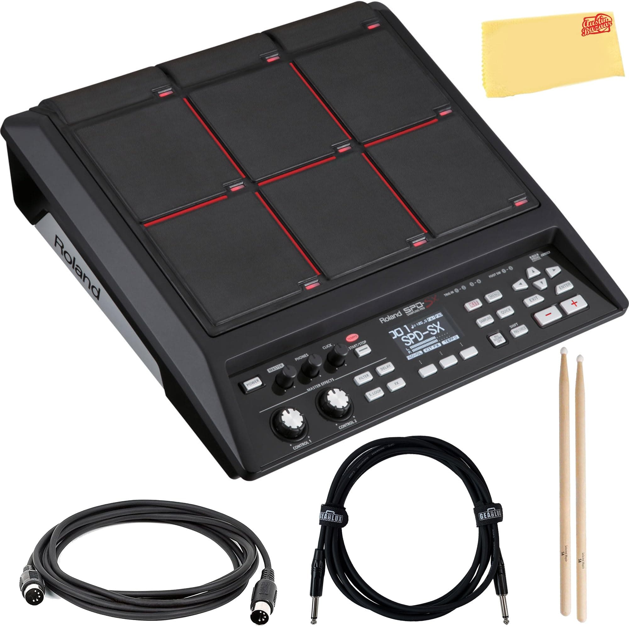 Roland SPD-SX Sampling Percussion Pad Bundle With Drumsticks, MIDI Cable, Instrument Cable, and Austin Bazaar Polishing Cloth