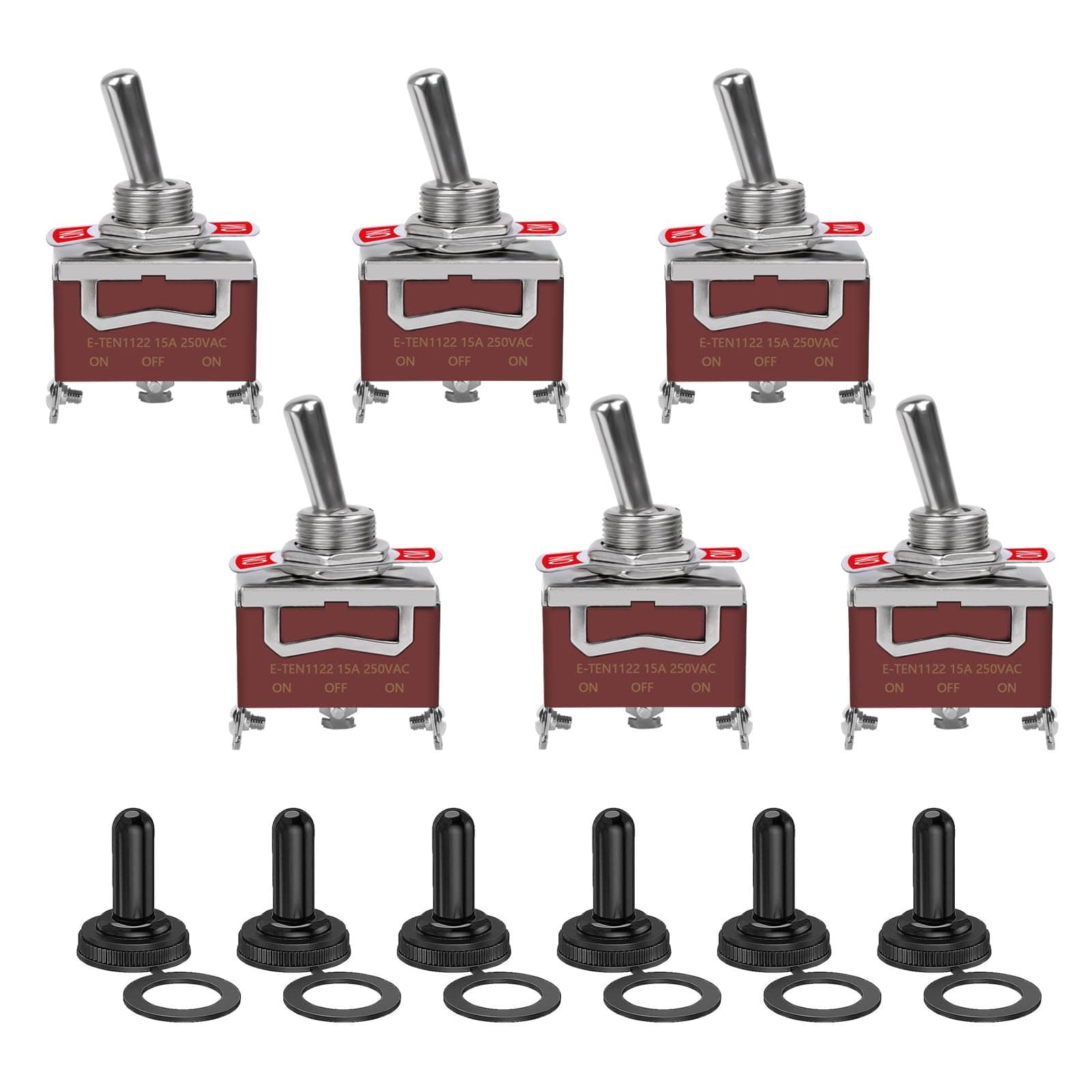 6 Pack Toggle Switch, 3 Pin 12V DC 30A/250V AC 15A, Heavy Duty SPDT ON Off ON Switch, Marine Waterproof Toggle Switch with Boot Cap Cover, for Cars Trucks, Racing Cars, Boats