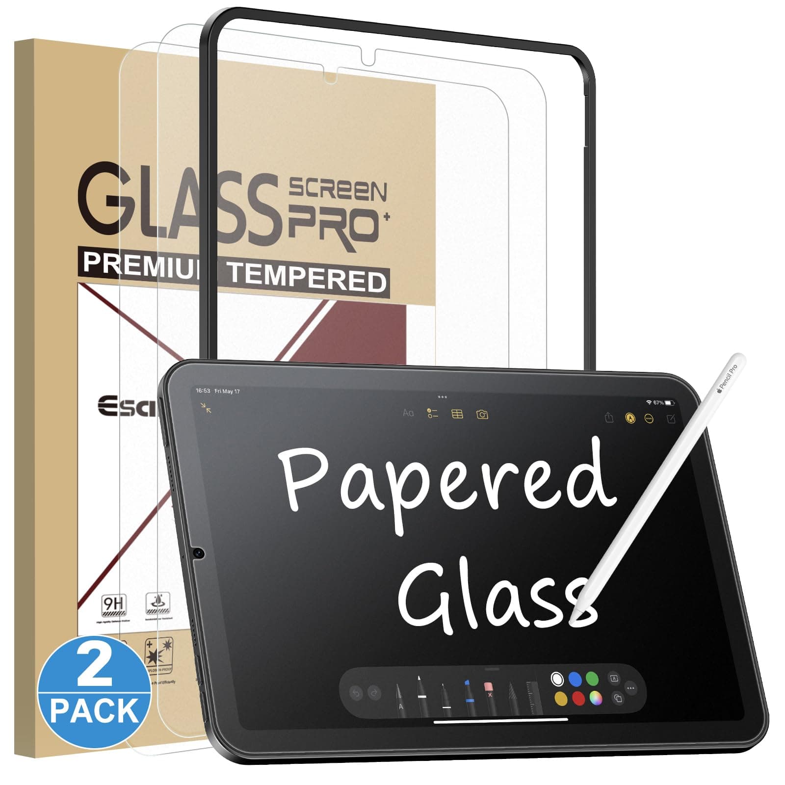 Esanik 2 Pack Like Paper Glass Screen Protector for iPad mini 7 (2024)/iPad Mini 6(2021) 9H Tempered Glass Film with Alignment Frame, Writing Like on Paper, Anti Glare, Apple Pencil Compatible