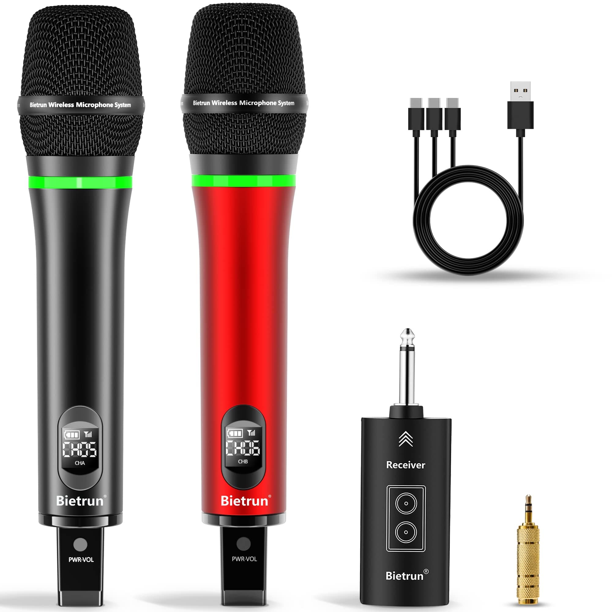 Wireless Microphone, 240FT Rechargeable UHF Metal Dual Cordless Handheld Dynamic Mics with Bluetooth for Karaoke Machine, PA System Speaker, Mixer, Party, Church, Wedding(Red)