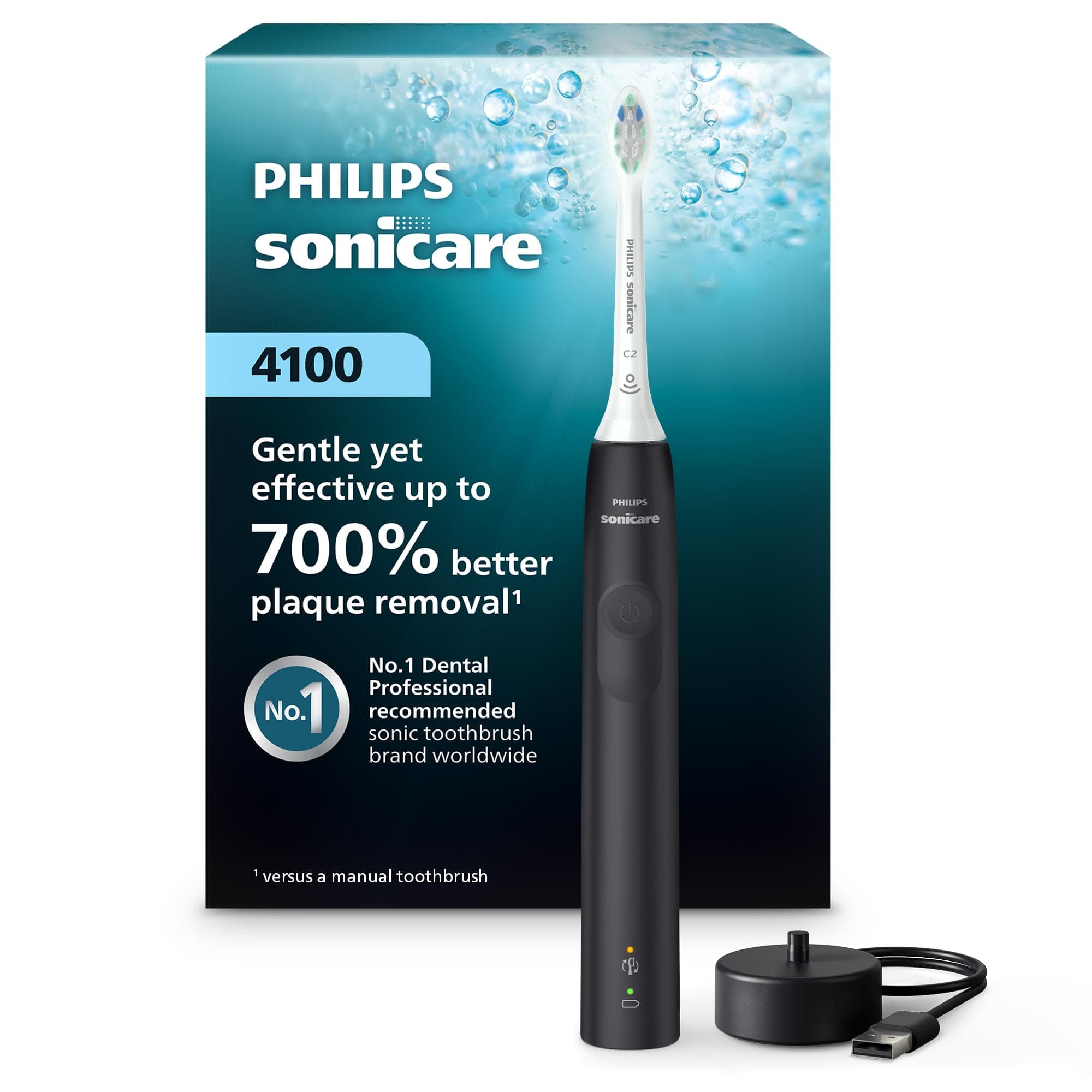 Philips Sonicare 4100 Rechargeable Electric Toothbrush, with Pressure Sensor, 2 Intensity Settings, SmarTimer and QuadPacer, 14-Day Battery Life, Black, Model HX3681/24
