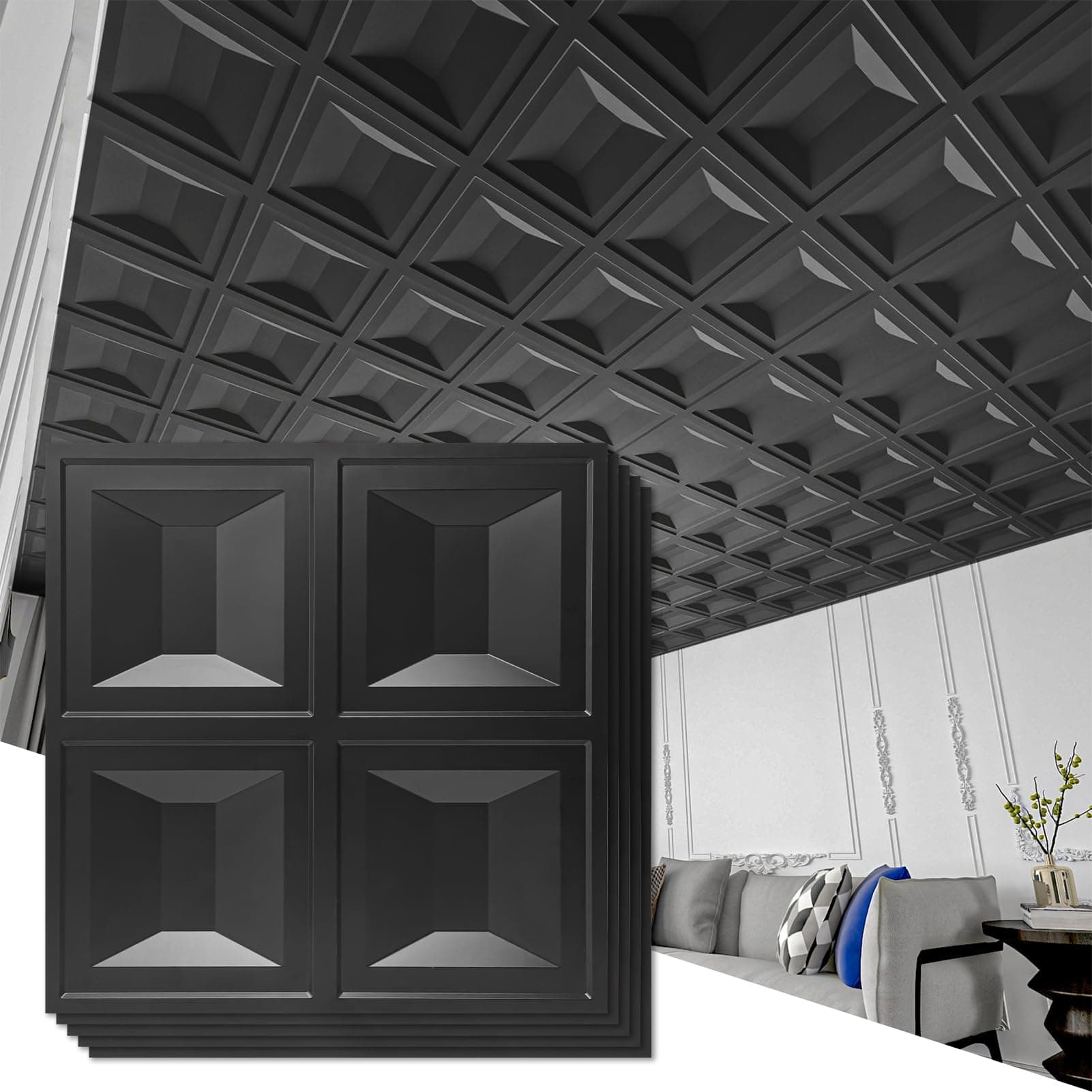 Art3d Drop Ceiling Tiles 24x24, 12 Sheets PVC Decorative Glue up Ceilng Panels 2x2, Black