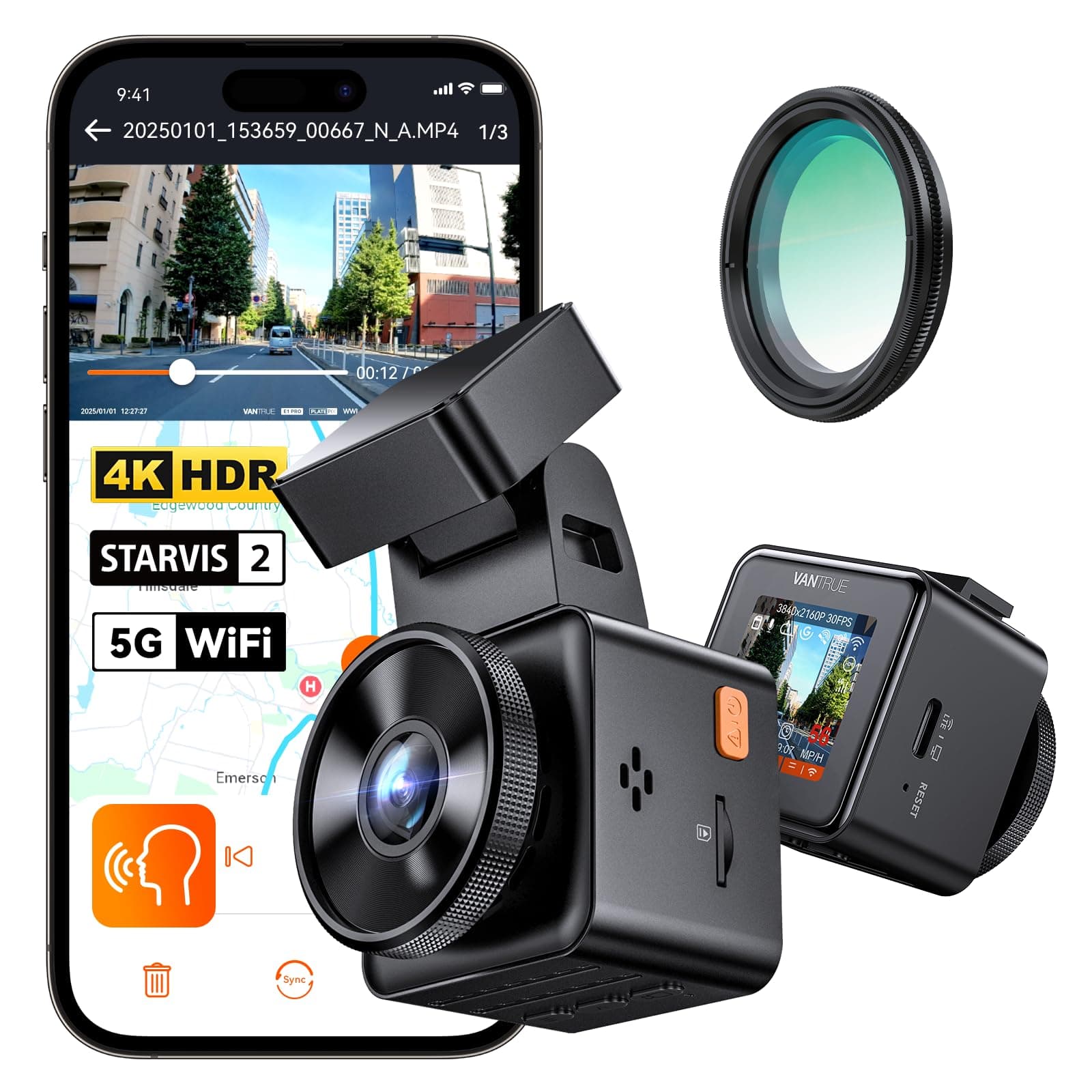 E1 Pro 4K Mini Dash Cam Front, STARVIS 2 PlatePix HDR Night Vision Car Camera, Built-in 5G WiFi GPS, 1.54'' IPS Screen, Voice Control, 24/7 Buffered Parking Mode, Support 1TB Max