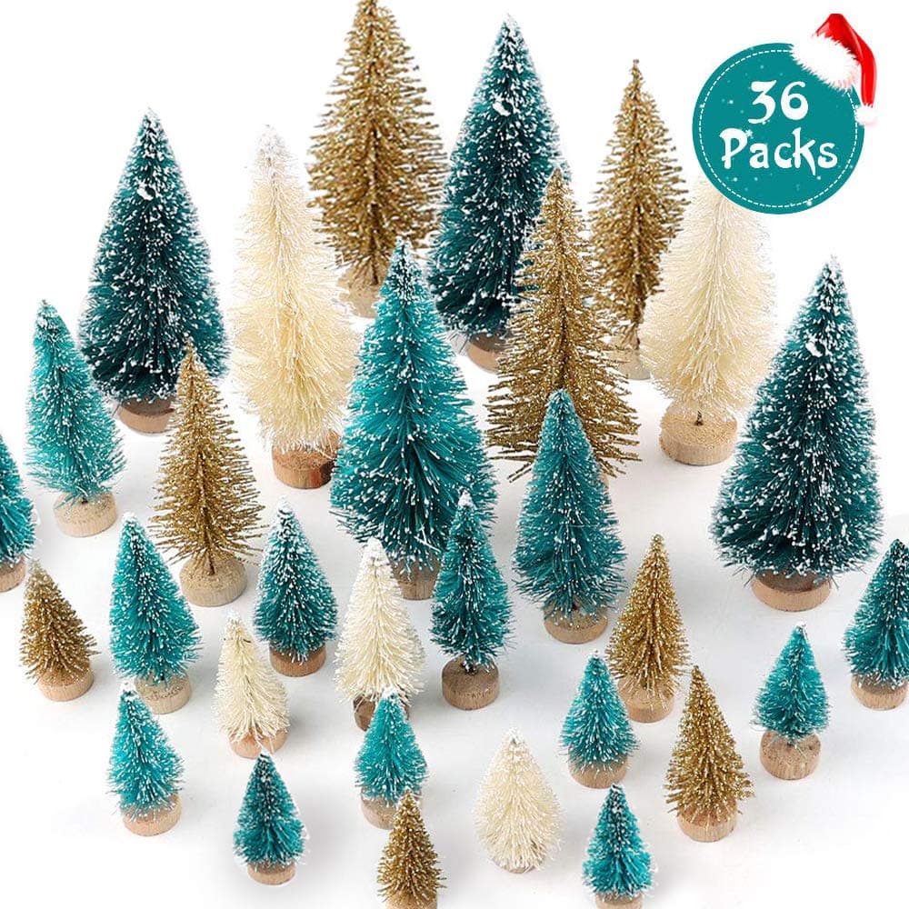 FUNARTY 36pcs Mini Sisal Trees Artificial Mini Christmas Trees Bottle Brush Trees Mixed Color for Xmas Holiday Home Party Diorama Models