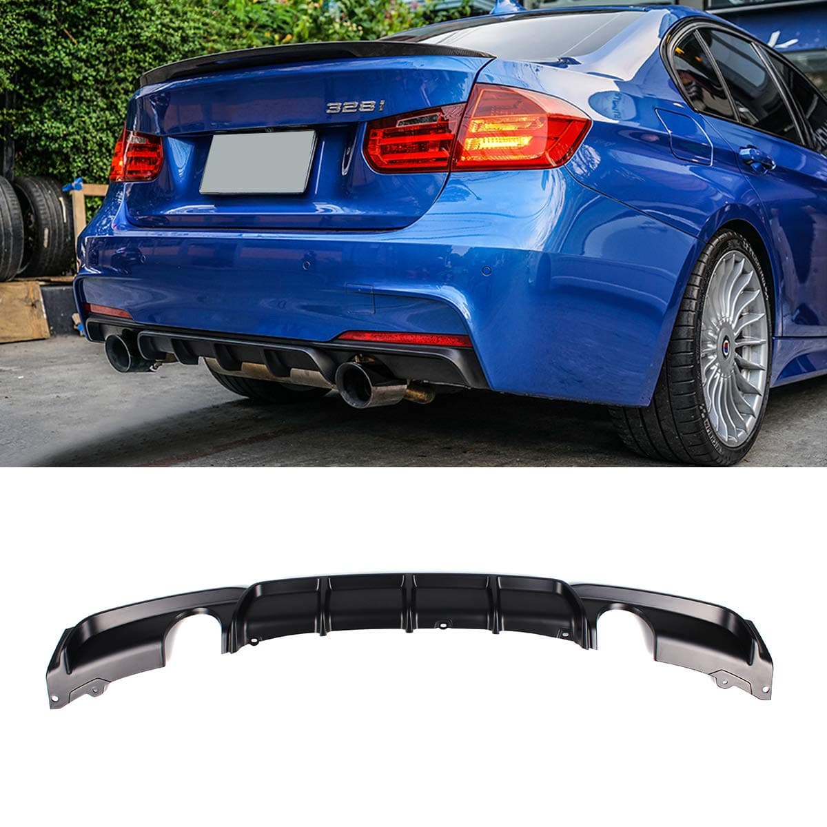 F30 Diffuser, FRP M Style Rear Bumper Diffuser Lip Single Muffler Dual Out for BMW 3 Series F30 320i 325i 328i 335i M-Tech M Sport (Matt Black)