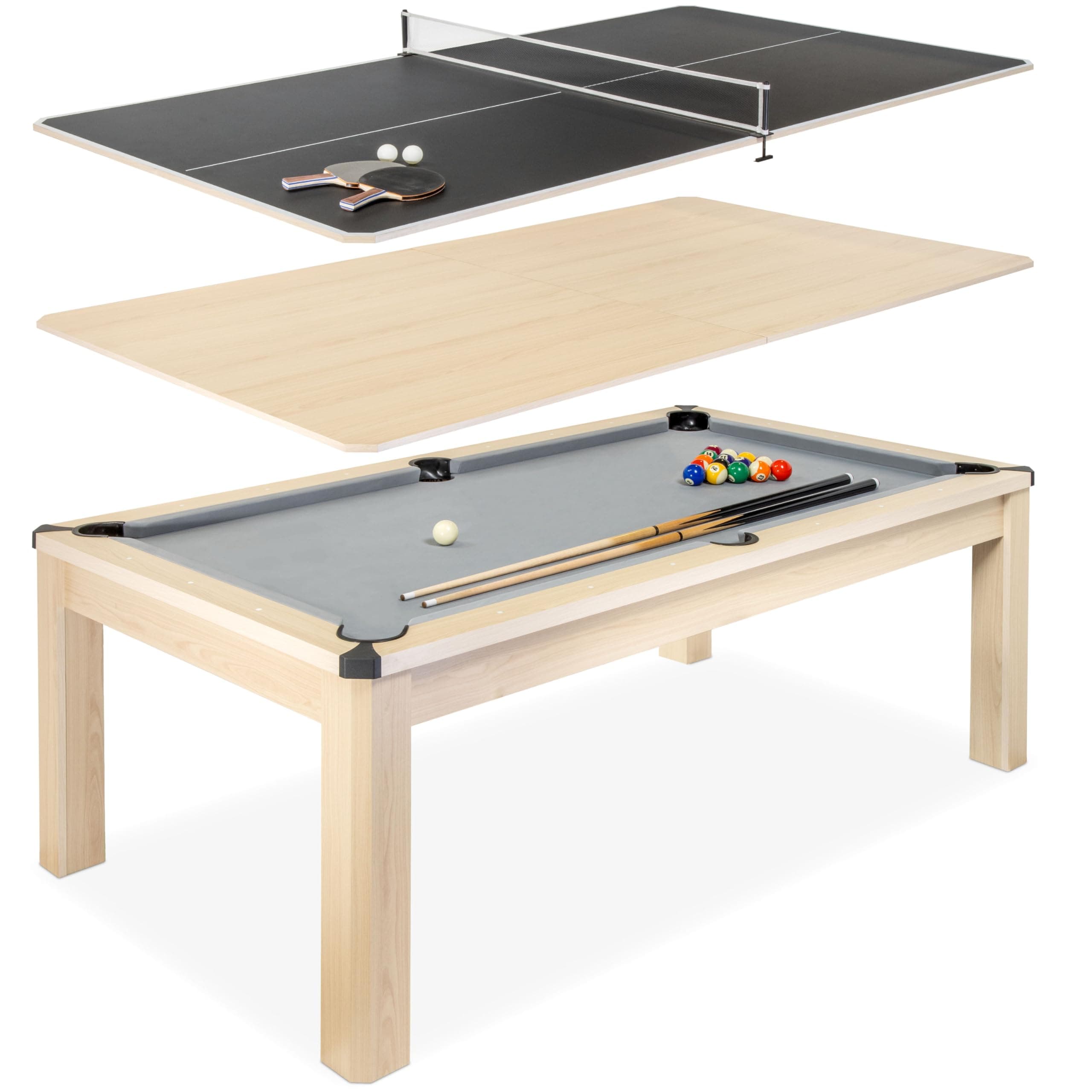 3 in 1 Pool, Dining, & Table Tennis Combo Table and Storage Benches - 7 ft or 8 ft - Convertible Billiards and Table Tennis with Accessories