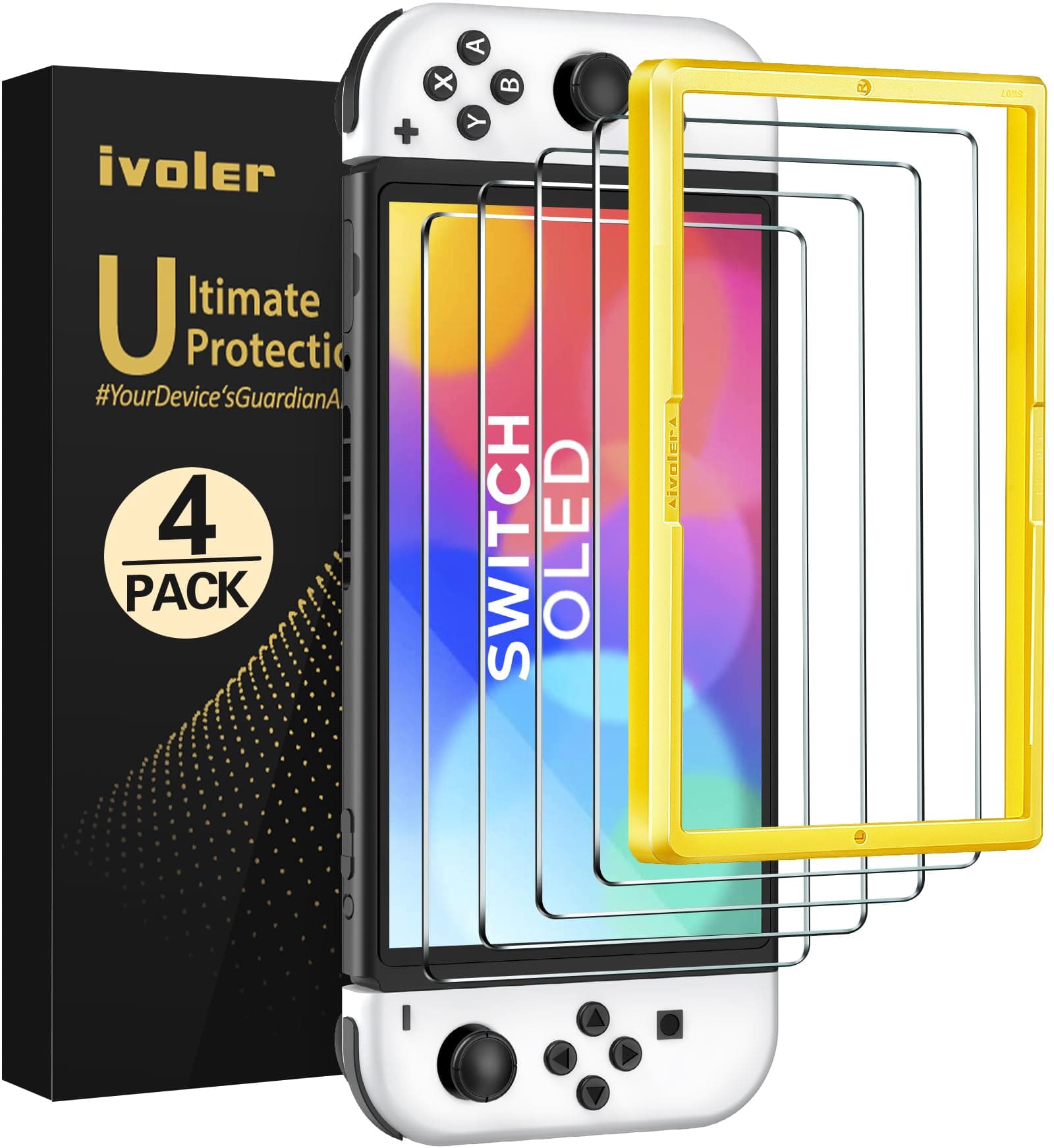ivoler 4 Pack Screen Protector Compatible with Nintendo Switch OLED Model 7 '' 2021 with Alignment Frame Tool, Tempered Glass Protection Film - without air bubbles -Ultra Resistant Hardness 9H