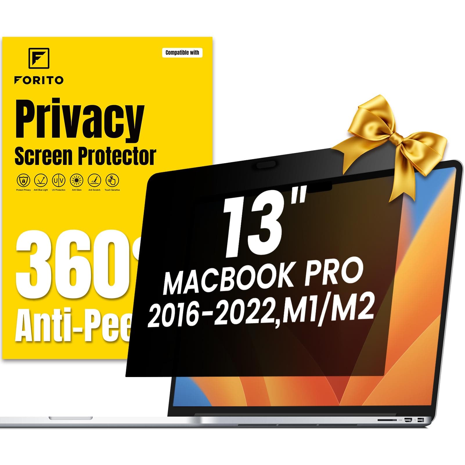 F FORITO 360° Privacy Screen Protector Compatible with MacBook Pro 13 inch (2016, 2017, 2018, 2019, 2020, 2021, 2022, M1, M2), Anti Peeping, Anti Glare and Scratch Resistant Laptop Privacy Screen