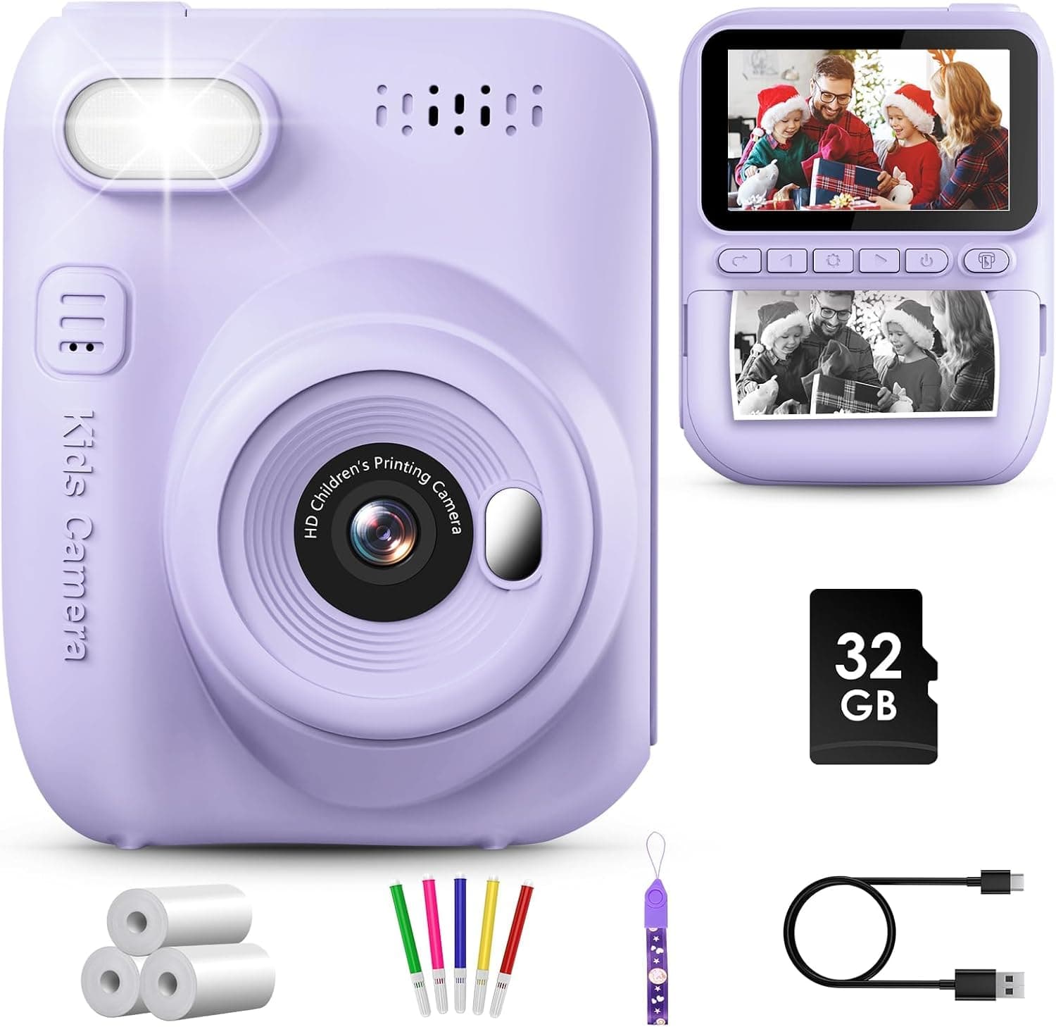 Kids Camera Instant Print, 3.0'' Large Screen Instant Camera for Kids with 32GB Card & 3 Rolls Print Paper, 1080P Kids Selfie Digital, Gift Toy for Boys Girls 3-12 Years Old, Purple