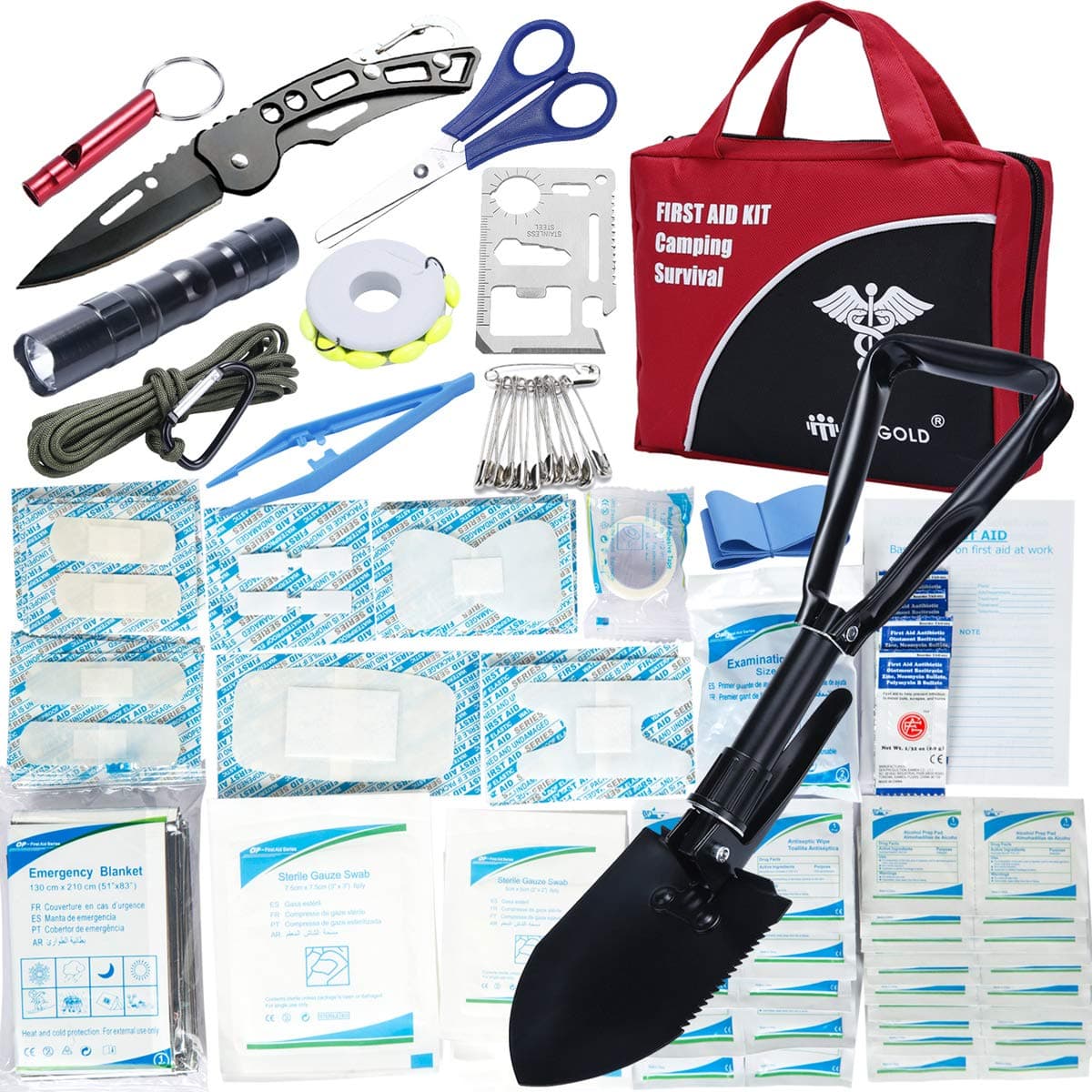 First Aid Kit for Home with Folding Shovel Soft Case Bag for Camping Hiking Car Emergency Survival Outdoor Sports Office by DIGGOLD