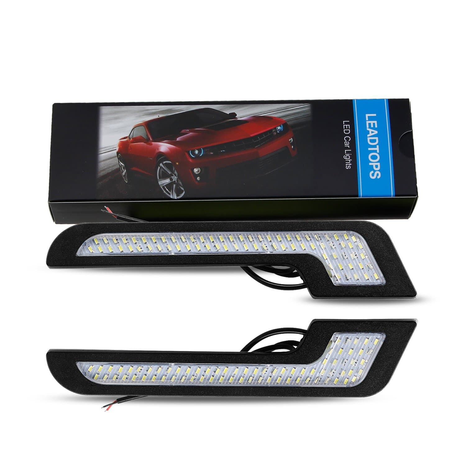 Daytime Running Lights LED White Light L-Shape Strips 72 SMD Glass Lens with Back Sticker 12V DRL 6W DIY LED Lamp 100% Waterproof (2 Pack)