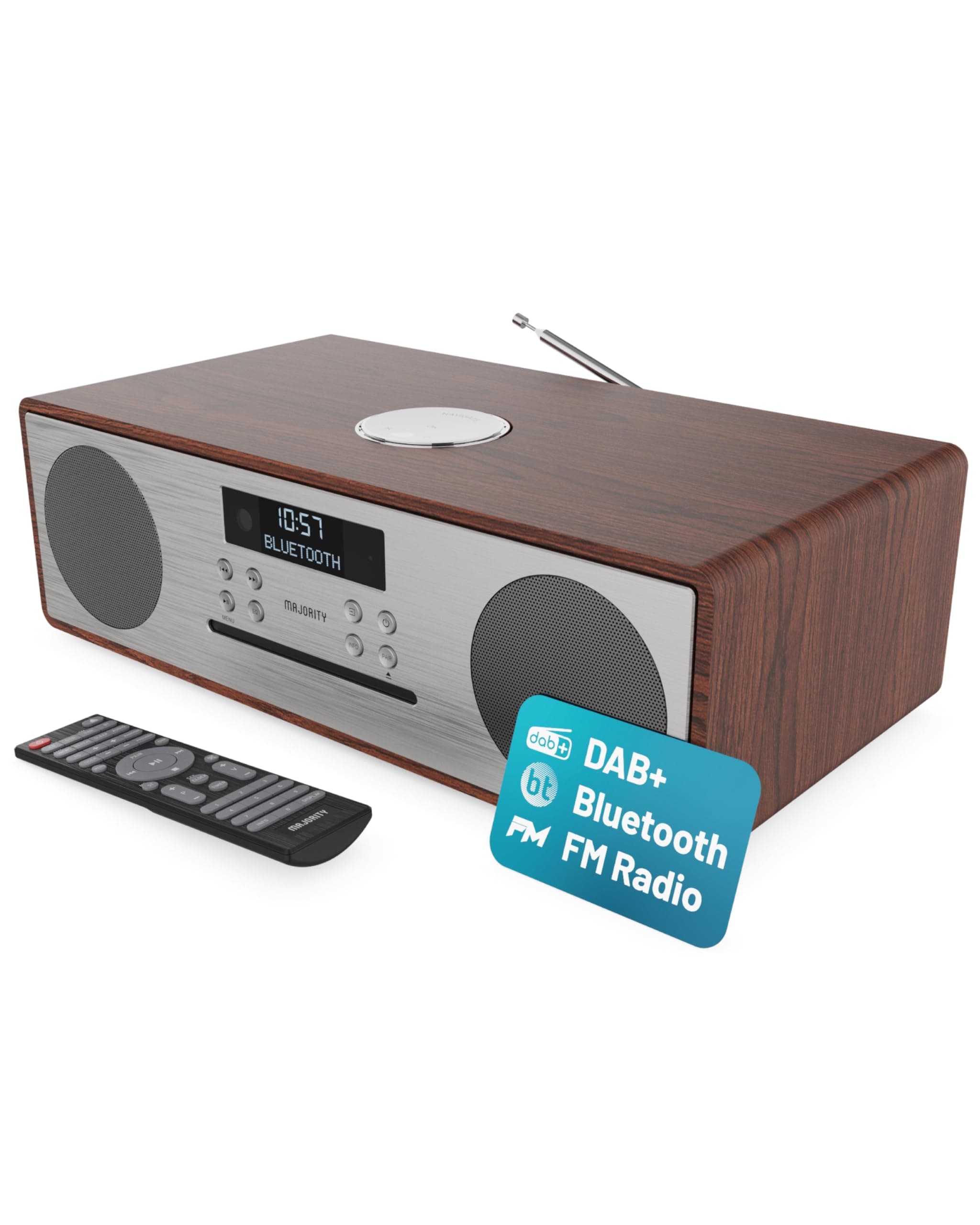 Oakington DAB/DAB+ Digital FM Radio Bluetooth Wireless CD Player Micro Compact Hi-Fi Stereo Speaker System - Remote Control - USB Charging & MP3 Playback (Walnut)