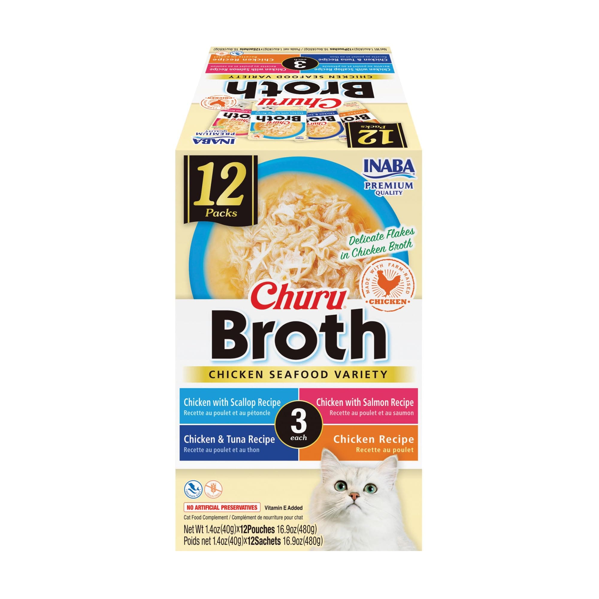 Churu Broth for Cats, Side Dish Pouch, 1.4 Ounces per Pouch, 12 Pouches, Chicken & Seafood Variety