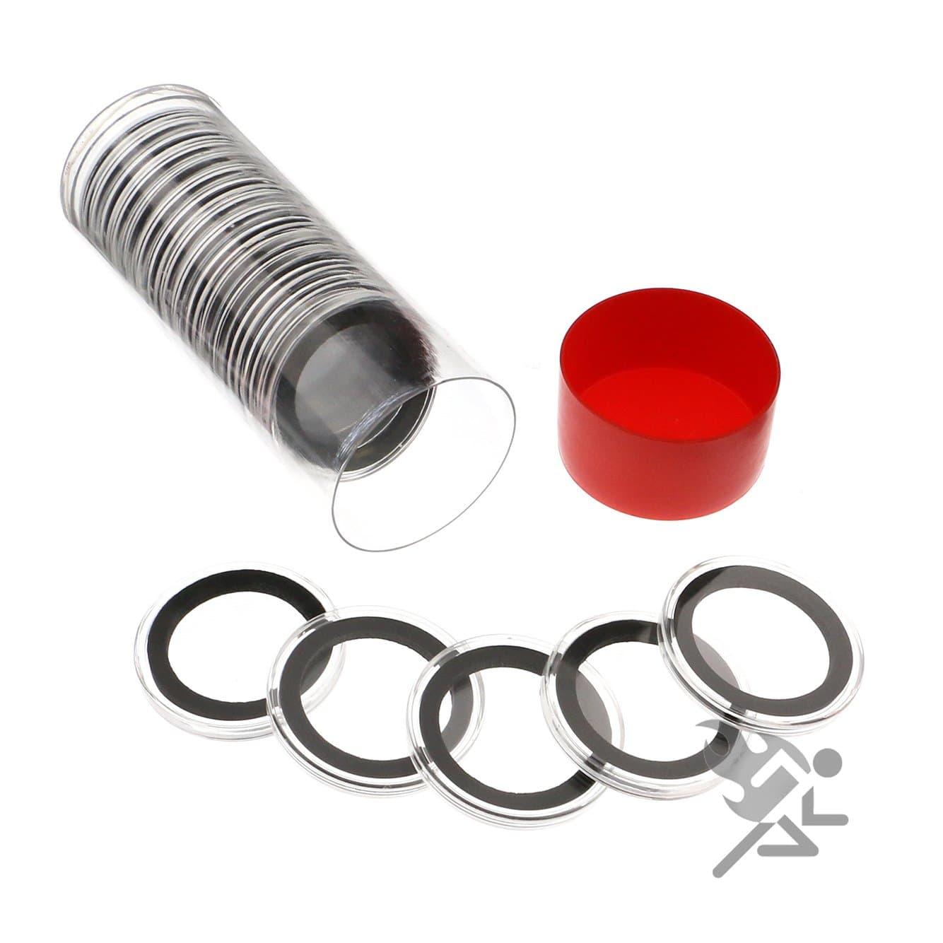 Red Coin Storage Container & (20) Black Ring 32mm Air-Tite Coin Holder Capsules for 1oz American Gold Eagles and 1oz Gold Krugerrands & Kangaroos by OnFireGuy