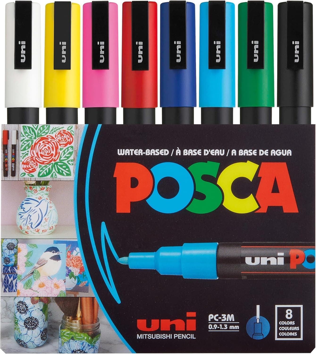 uni-ball Posca 3M 0.9-1.3mm Bullet Shaped Markers | Multicolour Ink | Pack Of 8