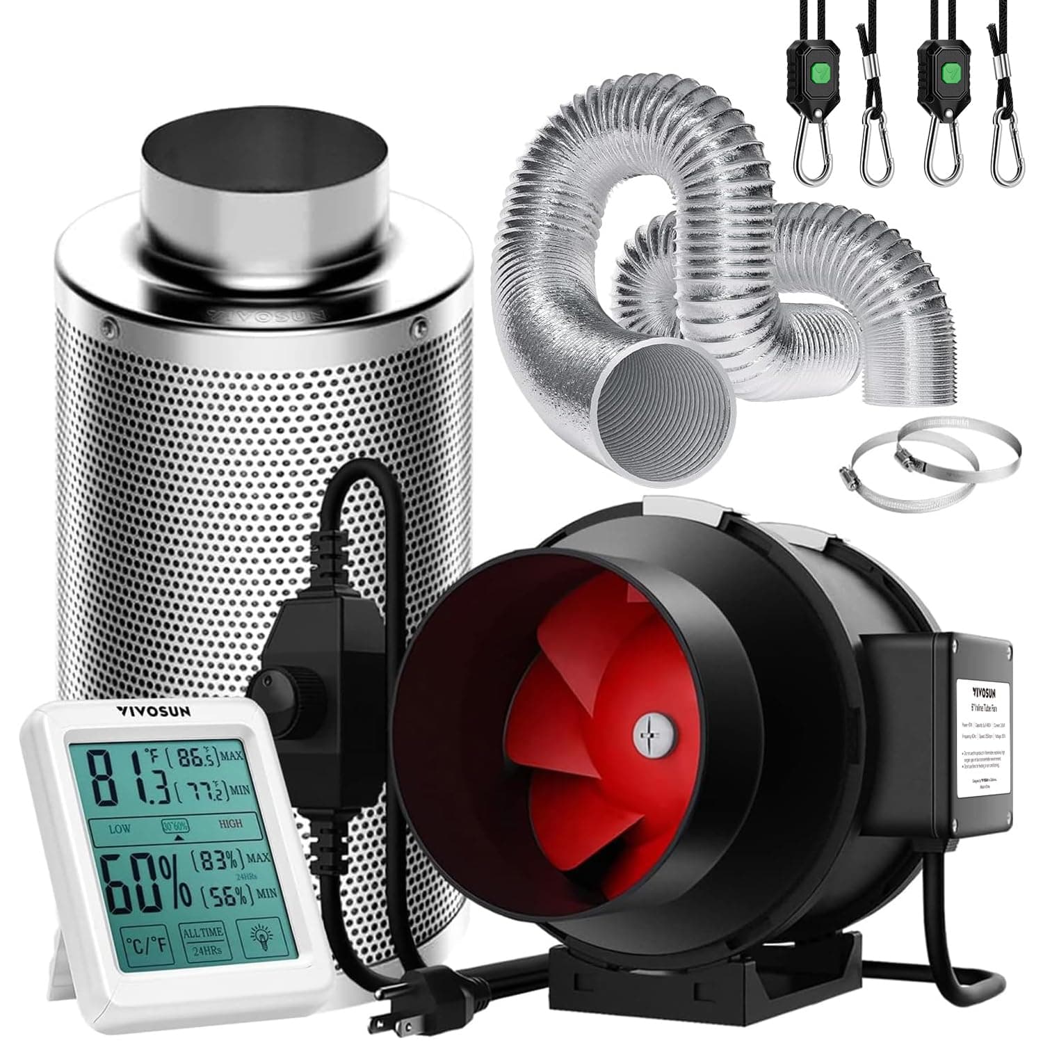 VIVOSUN Inline Duct Fan 6 Inch 390 CFM with Speed Controller, 150mm Carbon Filter and 8 Feet of Ducting, Temperature Humidity Monitor for Grow Tent Ventilation, Air Filtration Kit