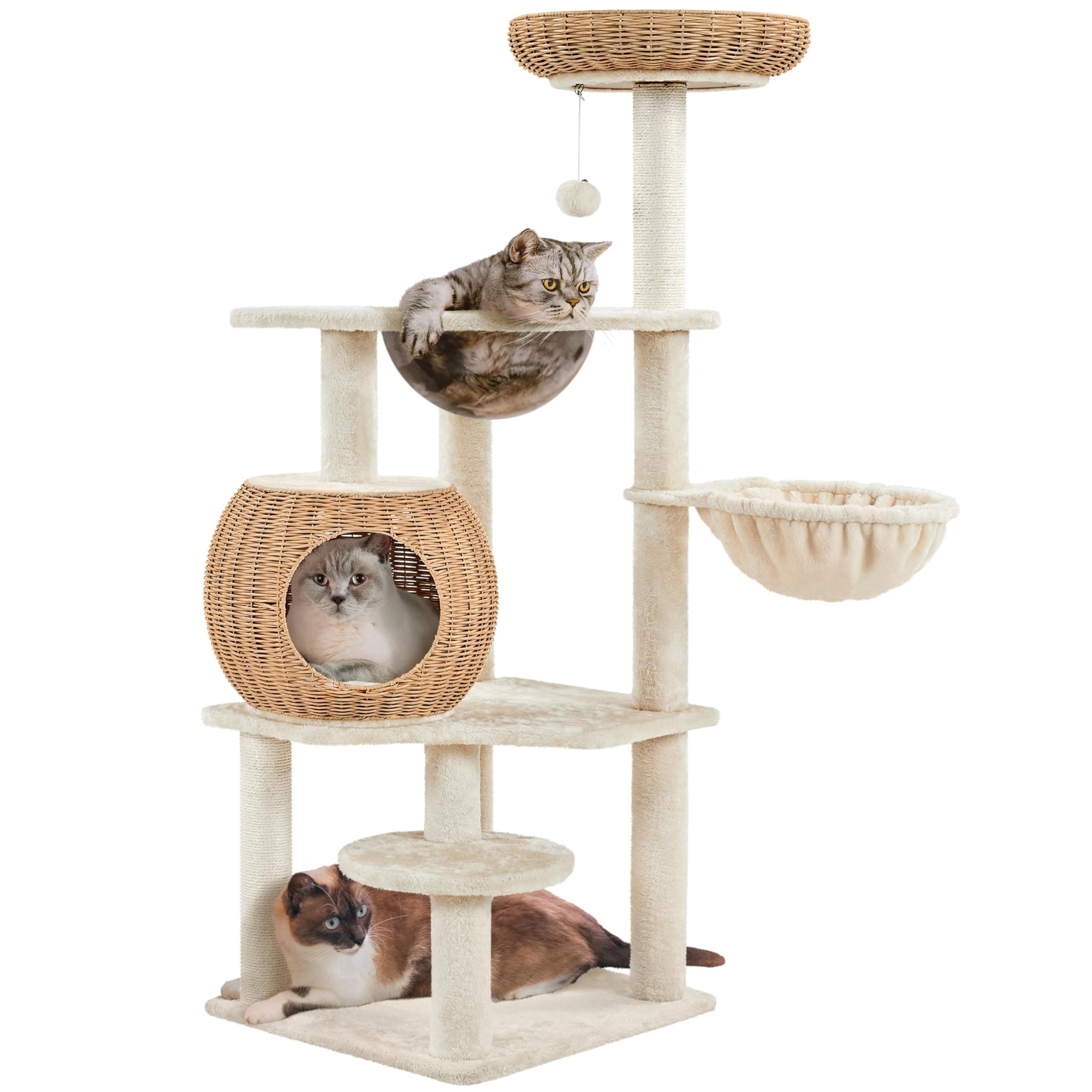 Yaheetech Cat Tree, 137.5cm Modern Cat Tower Rattan Cat Tree w/Wicker Condo, Acrylic Clear Bowl, Detachable Cushions, Scratching Posts, Cream Cat Tree Activity Centre for Indoor Cats