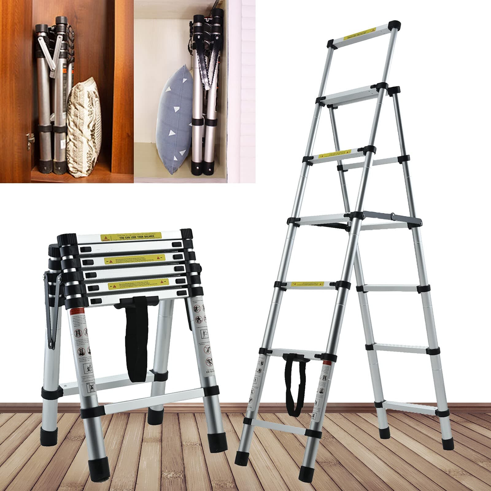 Aluminum Step Ladder - 1.63M/5.5FT A-Frame Extension Ladder, Telescoping, Portable, Multi-Purpose, Folding, Heavy Duty, 330lb Capacity, Anti-Slip, 2.9in Widened Pedal