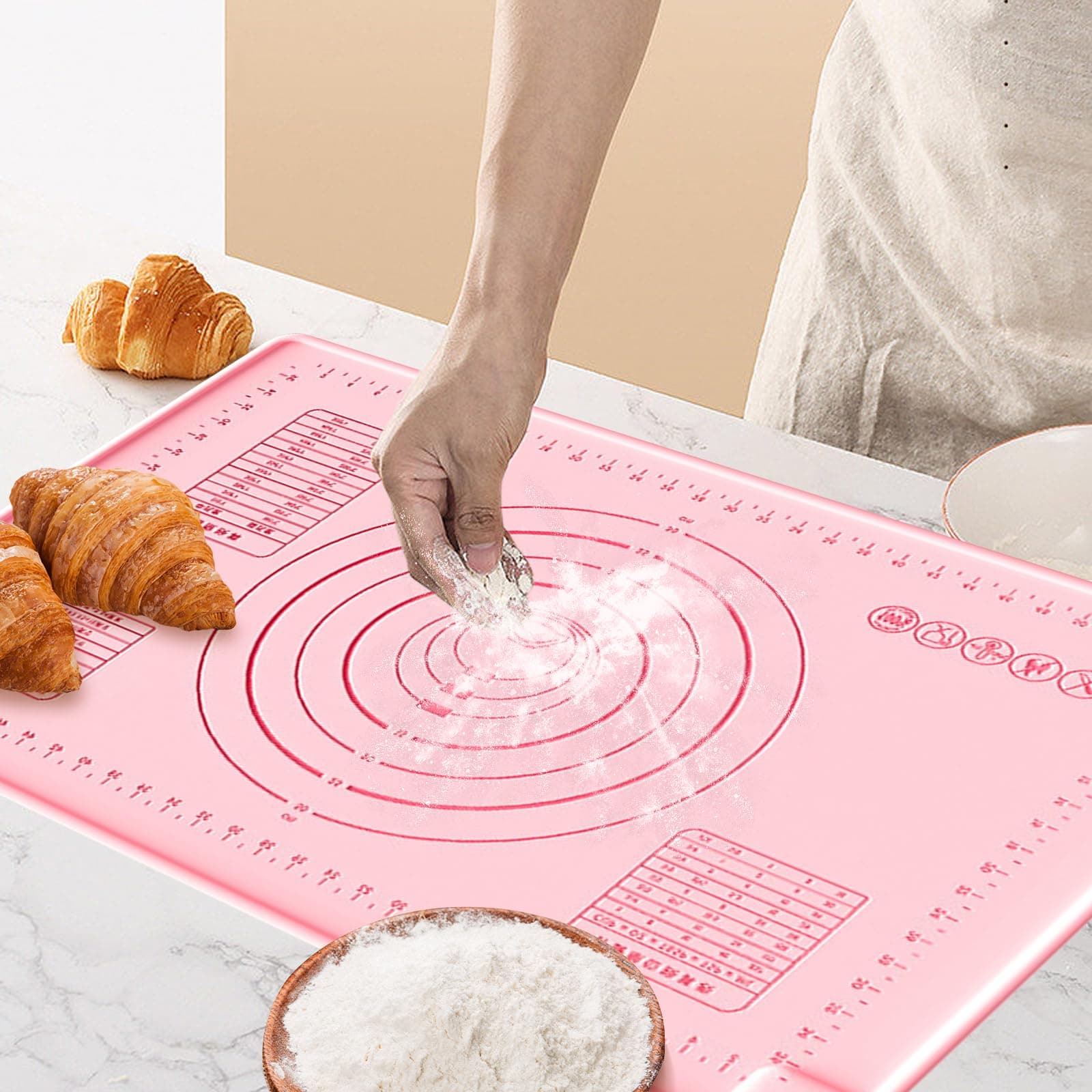 Large Thickened Non-Stick Silicone Baking Pastry Mat with Scale (28"x20"/71x51cm), Anti-Slip Fondant Rolling Mat Silicone Baking Sheets, Silicone Mat with Dough Scraper, Silicone Mats for Worktops