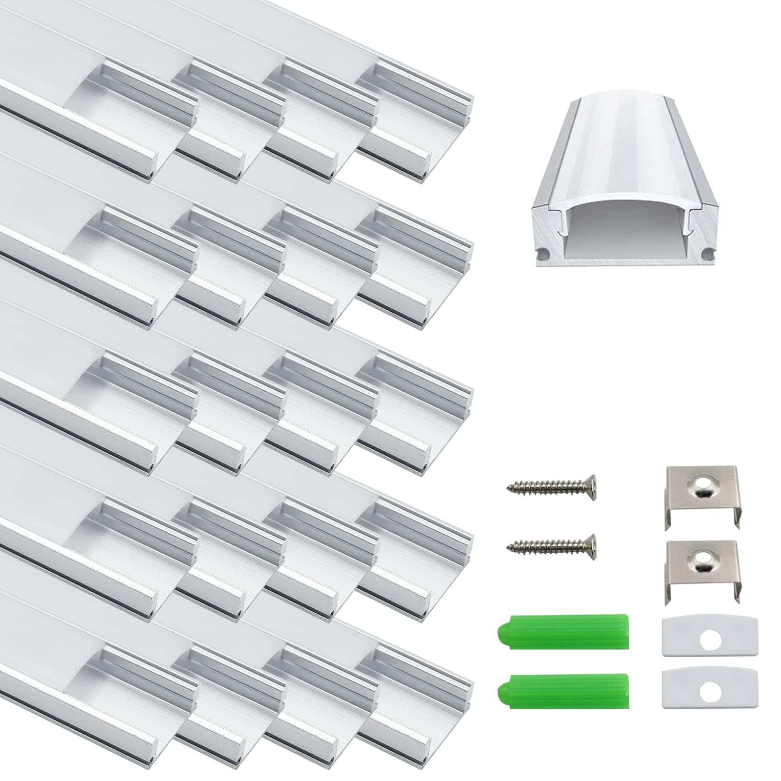 inShareplus LED Aluminum Channel System, 3.3ft/1 Meter, 20 Pack, Silver, U Shape with Milk White Cover, End Caps and Mounting Clips, Aluminum Profile for LED Strip Light Installation