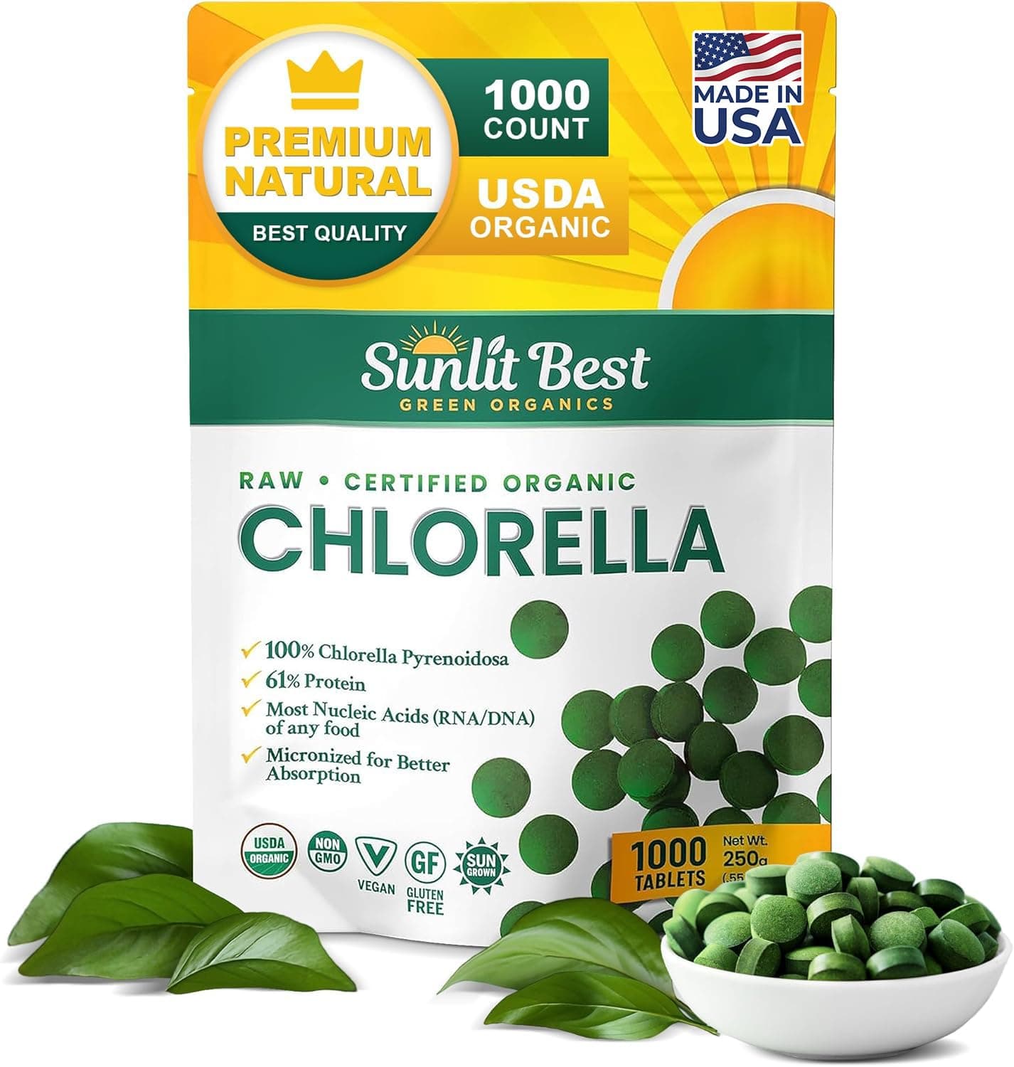 Sunlit Best USDA Organic Premium Chlorella Tablets 1000 Count | 100% Pure Chlorella Superfood Supplement High in Protein, Chlorophyll, Vitamins, & Minerals | Supports Good Health, Wellbeing