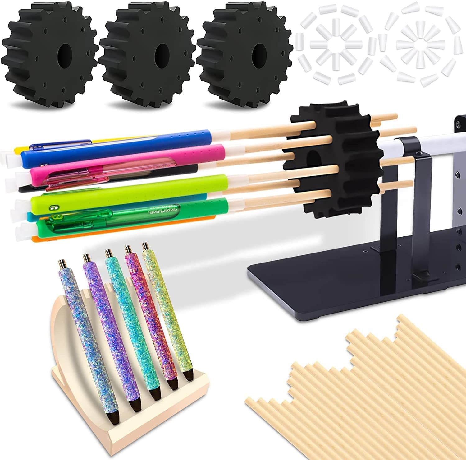 Epoxy Glitter Pen Turner Attachment, Dysaim Epoxy Pen Adapter for 3/4" PVC Pipe to Hold The Pens, with 24 Dowels, 24 Sleeves, 24 Plugs, Epoxy Pen Holder Adapter Fits on Tumbler Turner (NO PEN HOLDER)